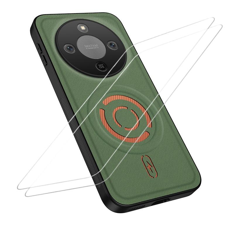 For Honor Magic8 Lite / X9d 5G WANLONFENG Tech Fabric Texture Magnetic Phone Case with 2pcs Screen Films(Green) - Shopkiz.com