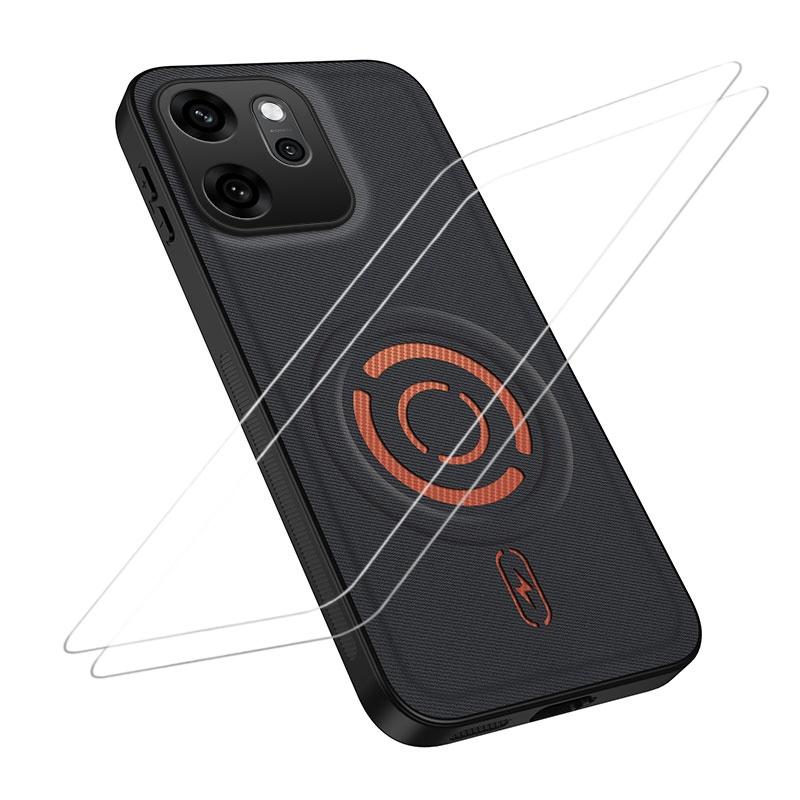 For OPPO Reno14 F 5G Global WANLONFENG Tech Fabric Texture Magnetic Phone Case with 2pcs Screen Films(Black) - Shopkiz.com