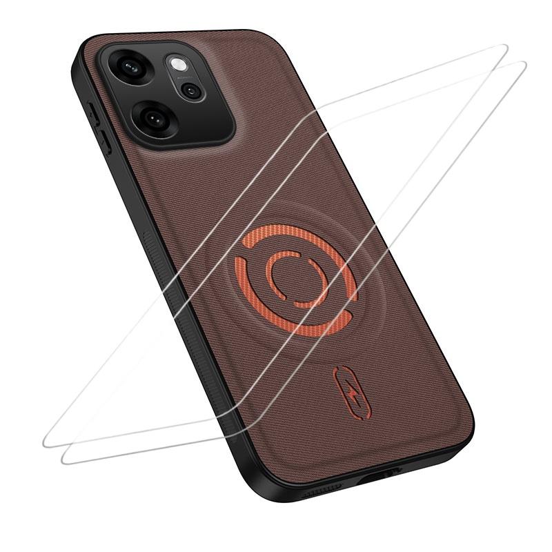 For OPPO Reno14 F 5G Global WANLONFENG Tech Fabric Texture Magnetic Phone Case with 2pcs Screen Films(Coffee) - Shopkiz.com