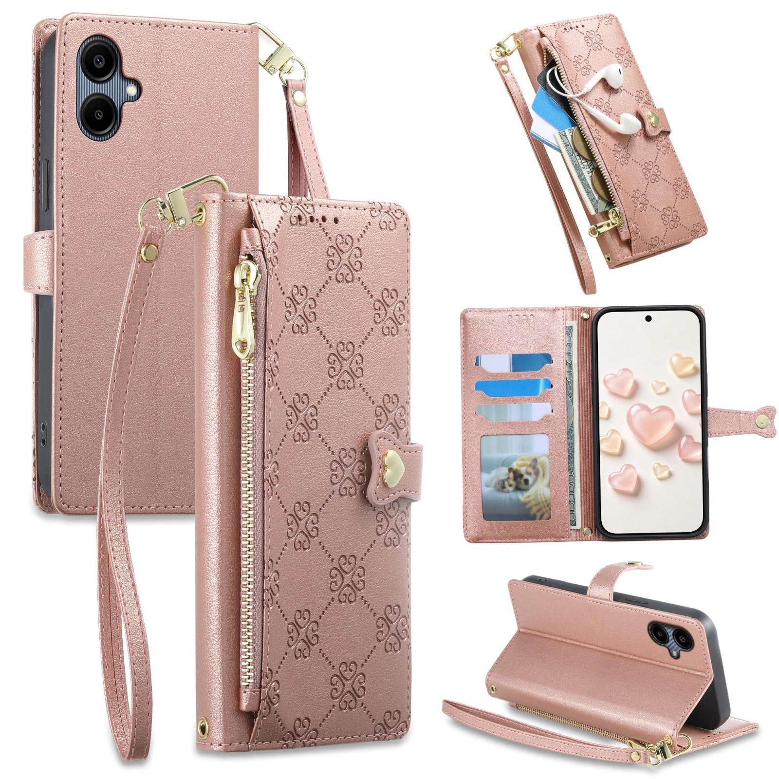 For Galaxy A06 4G Zipper Wallet Heart Buckle Vegan Leather Phone Case with Wrist Strap(Pink) - Shopkiz.com
