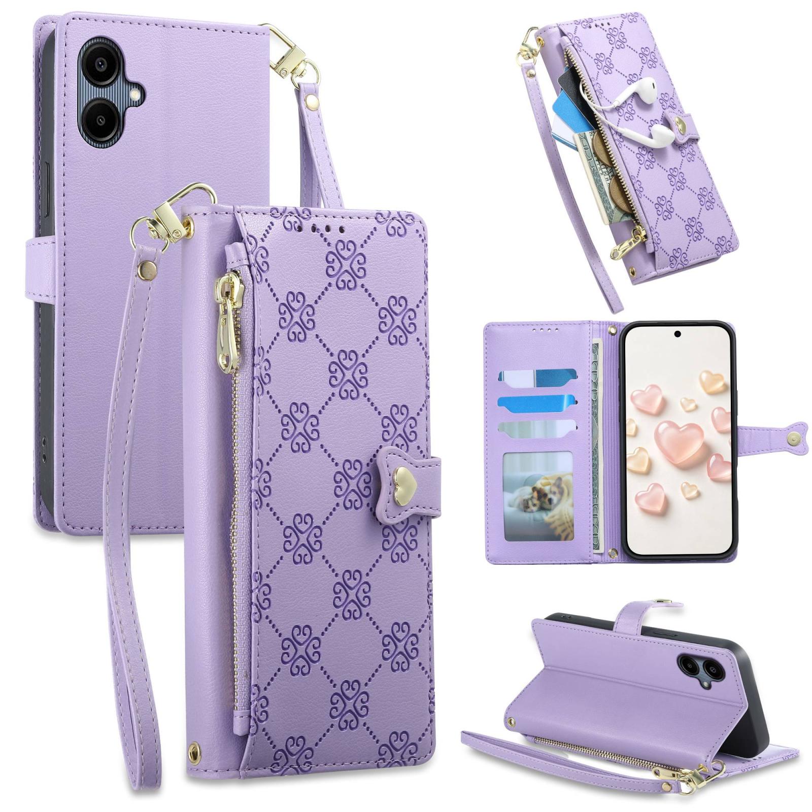 For Galaxy A06 4G Zipper Wallet Heart Buckle Vegan Leather Phone Case with Wrist Strap(Purple) - Shopkiz.com