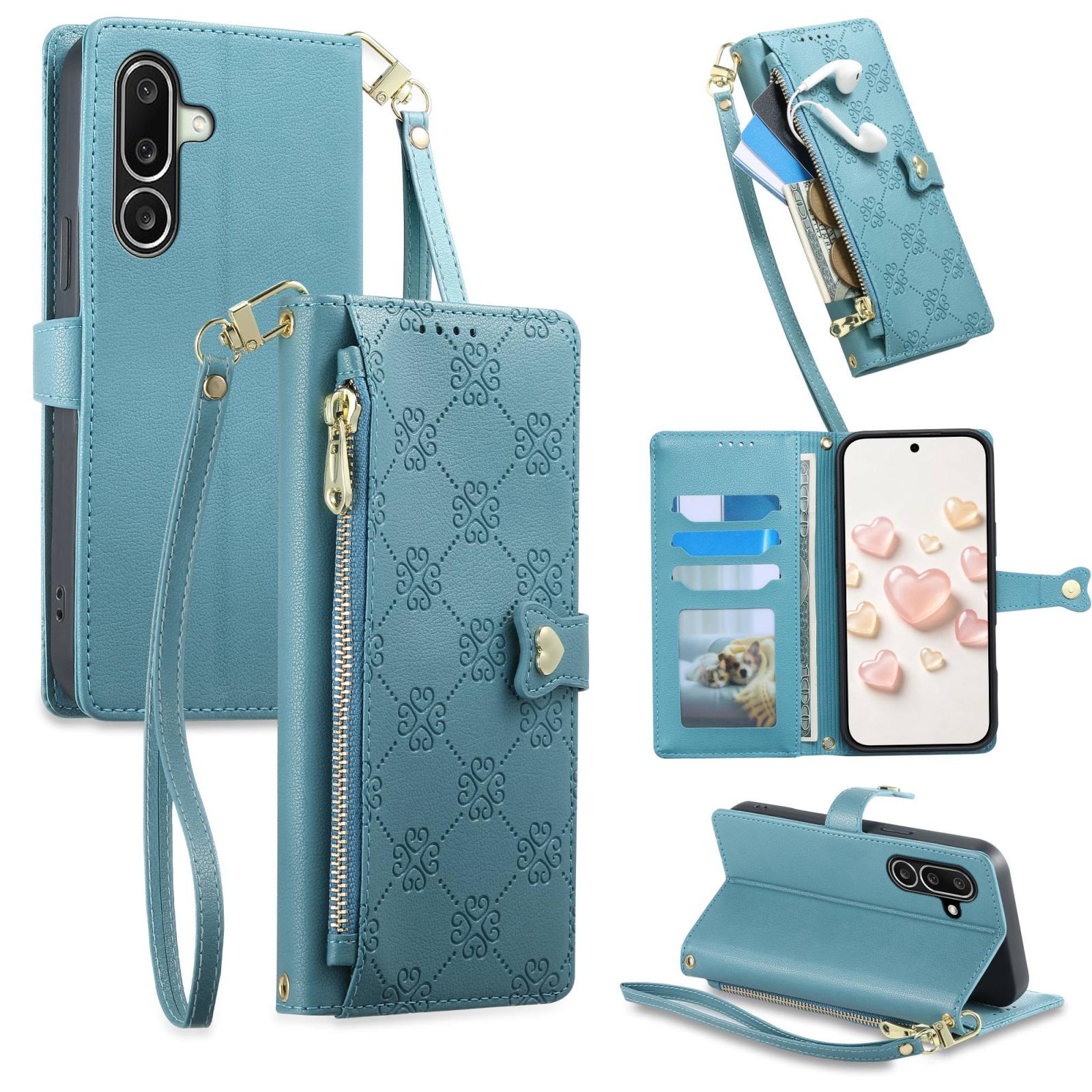 For Galaxy A27 5G Zipper Wallet Heart Buckle Vegan Leather Phone Case with Wrist Strap(Lake Blue) - Shopkiz.com