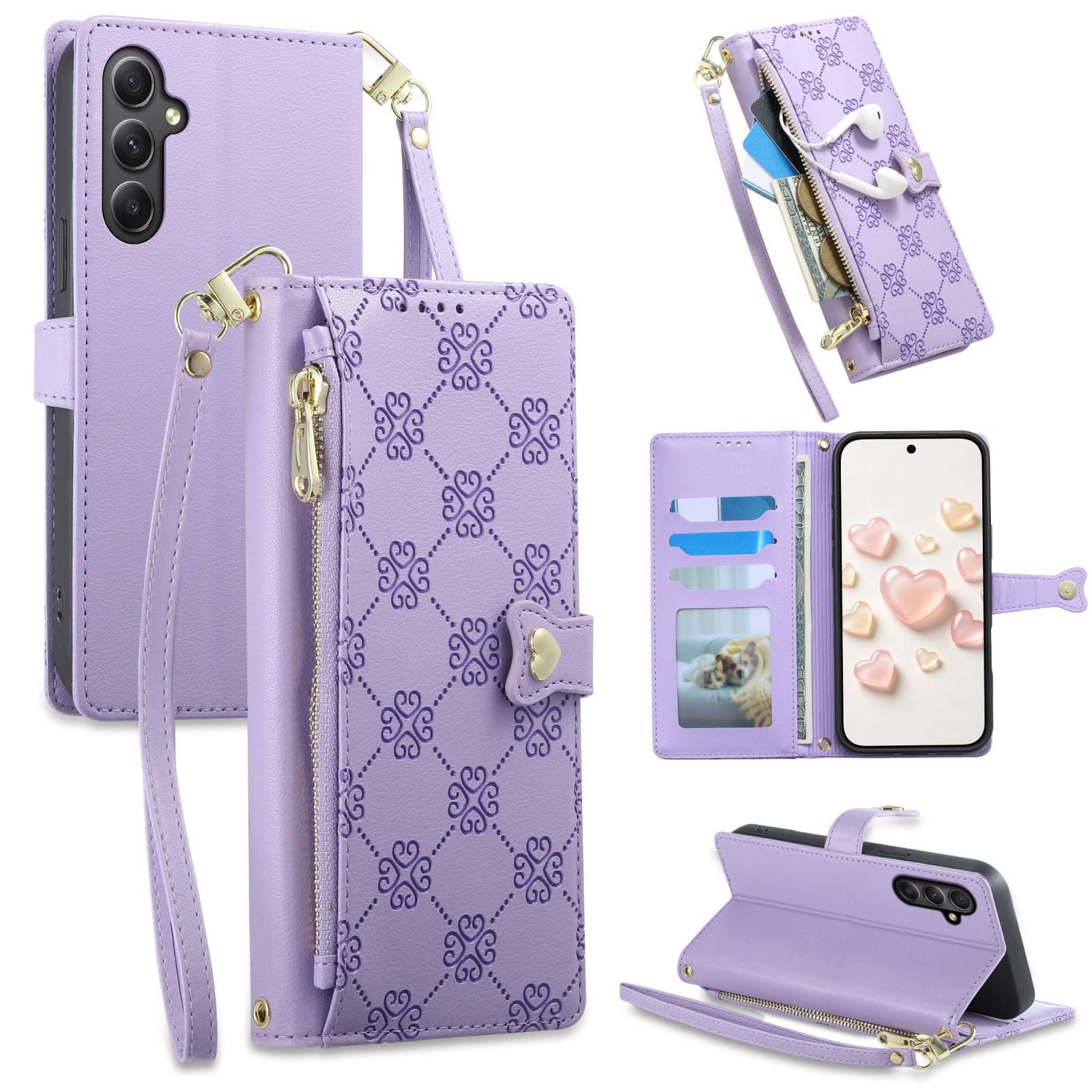 For Galaxy A35 5G Zipper Wallet Heart Buckle Vegan Leather Phone Case with Wrist Strap(Purple) - Shopkiz.com