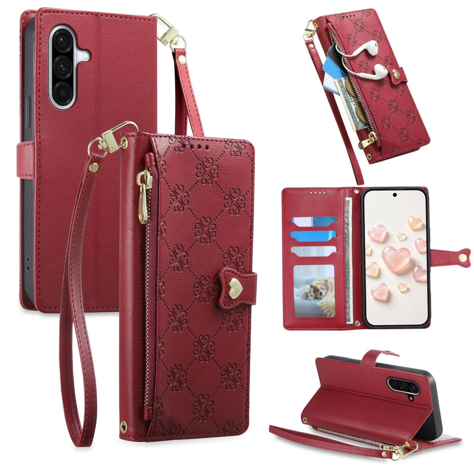 For Galaxy A36 5G Zipper Wallet Heart Buckle Vegan Leather Phone Case with Wrist Strap(Red) - Shopkiz.com