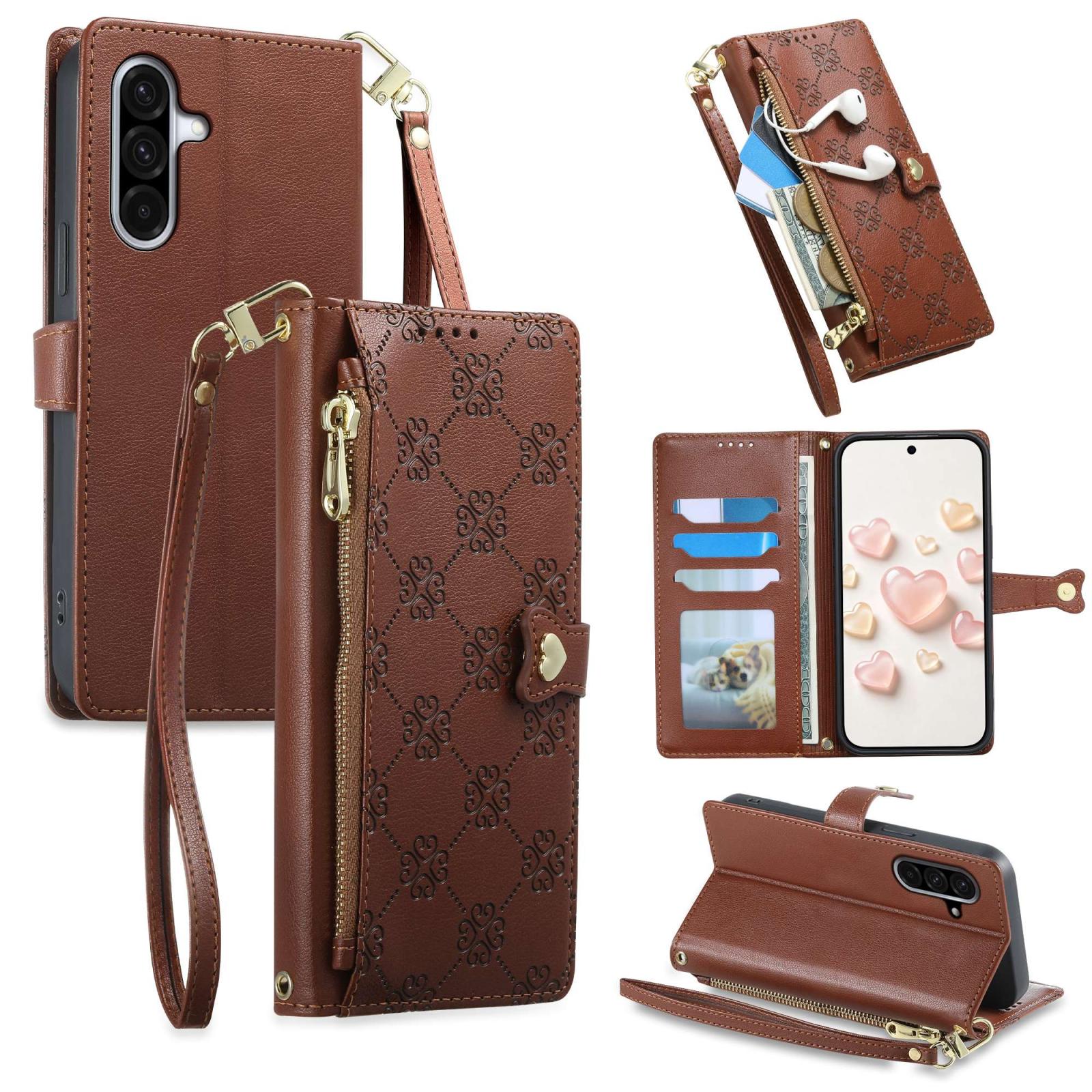 For Galaxy A36 5G Zipper Wallet Heart Buckle Vegan Leather Phone Case with Wrist Strap(Brown) - Shopkiz.com