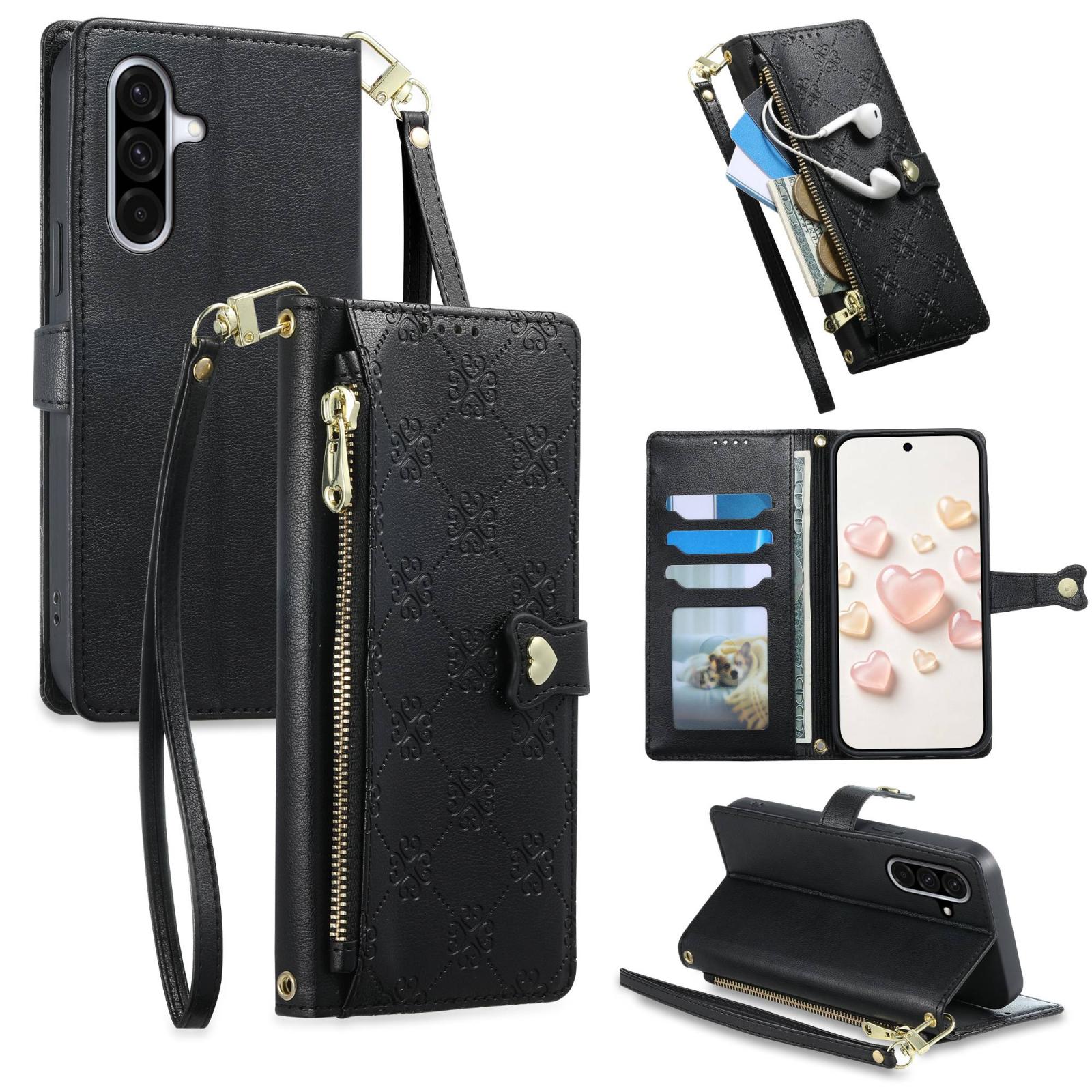 For Galaxy A37 5G Zipper Wallet Heart Buckle Vegan Leather Phone Case with Wrist Strap(Black) - Shopkiz.com