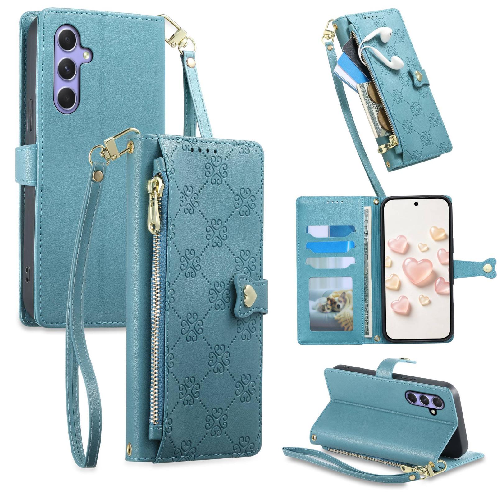For Galaxy A55 5G Zipper Wallet Heart Buckle Vegan Leather Phone Case with Wrist Strap(Lake Blue) - Shopkiz.com