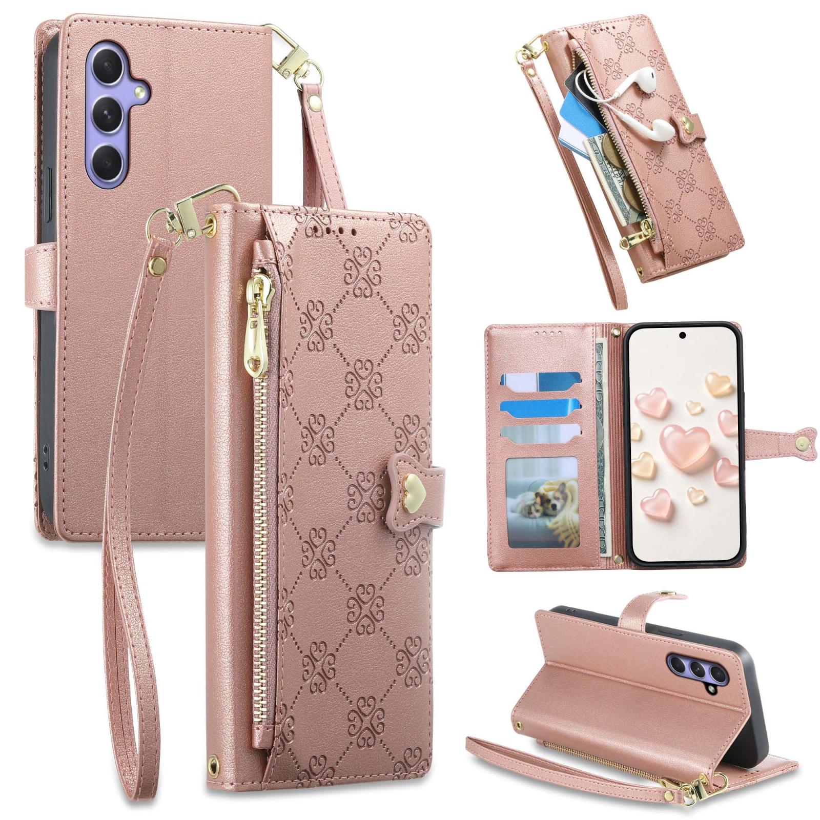 For Galaxy A55 5G Zipper Wallet Heart Buckle Vegan Leather Phone Case with Wrist Strap(Pink) - Shopkiz.com