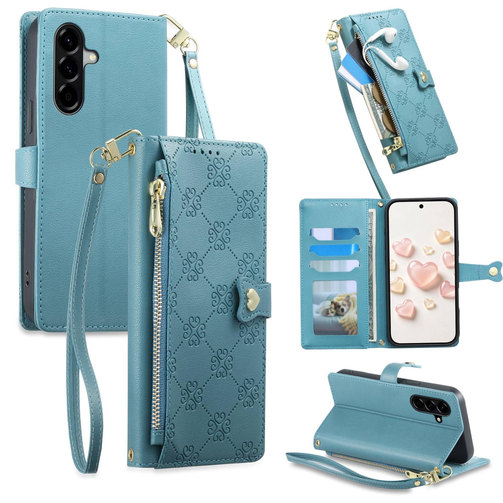 For Galaxy A57 5G Zipper Wallet Heart Buckle Vegan Leather Phone Case with Wrist Strap(Lake Blue) - Shopkiz.com