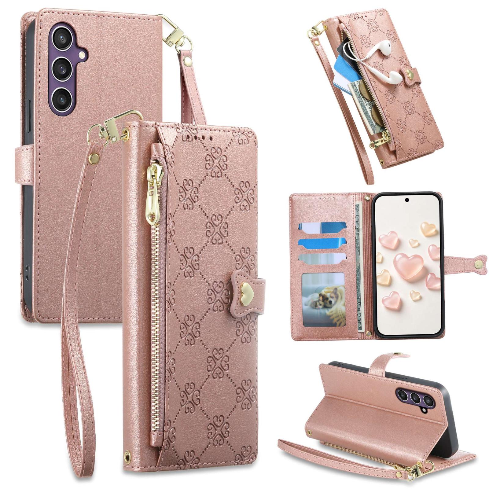 For Galaxy S23 FE 5G Zipper Wallet Heart Buckle Vegan Leather Phone Case with Wrist Strap(Pink) - Shopkiz.com