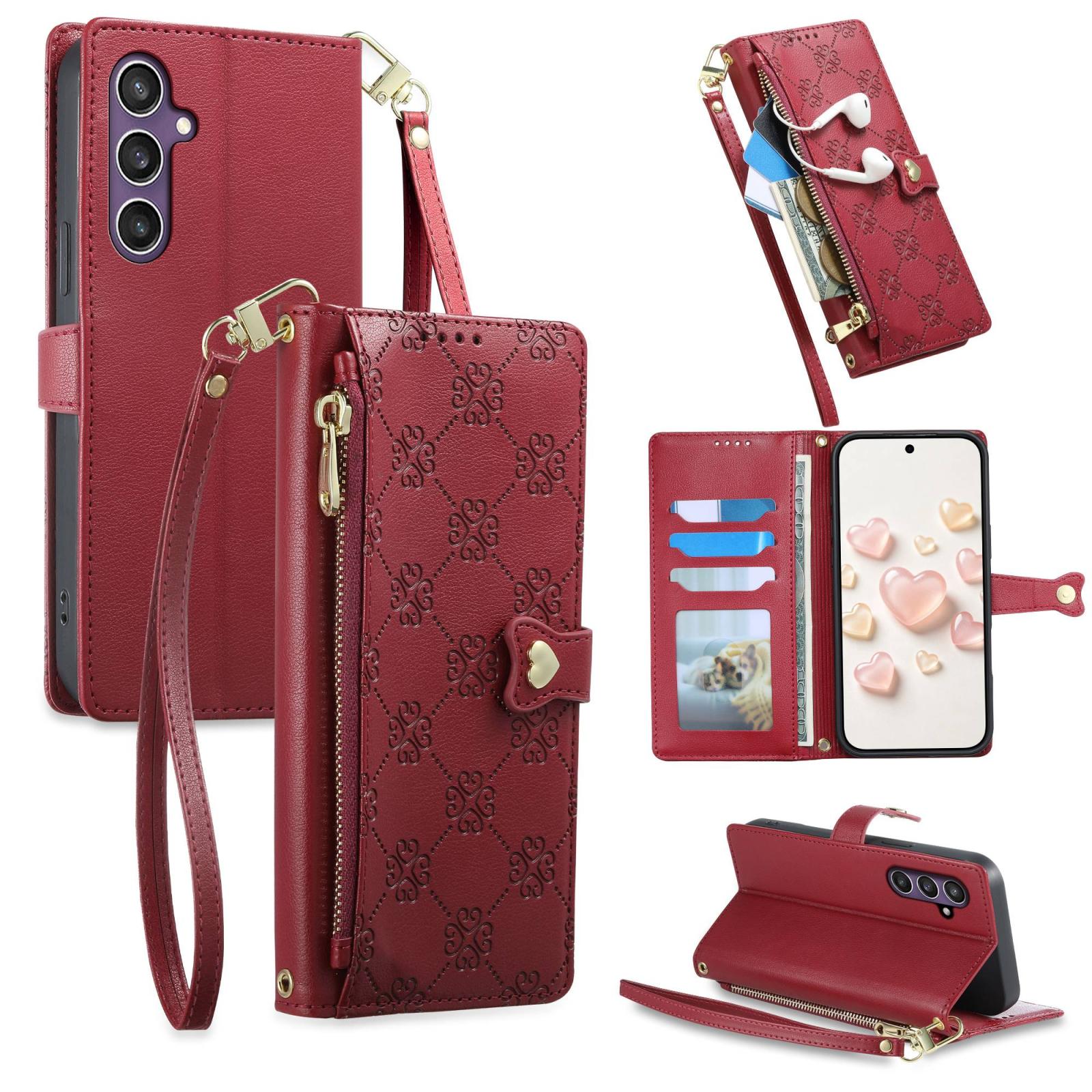 For Galaxy S23 FE 5G Zipper Wallet Heart Buckle Vegan Leather Phone Case with Wrist Strap(Red) - Shopkiz.com
