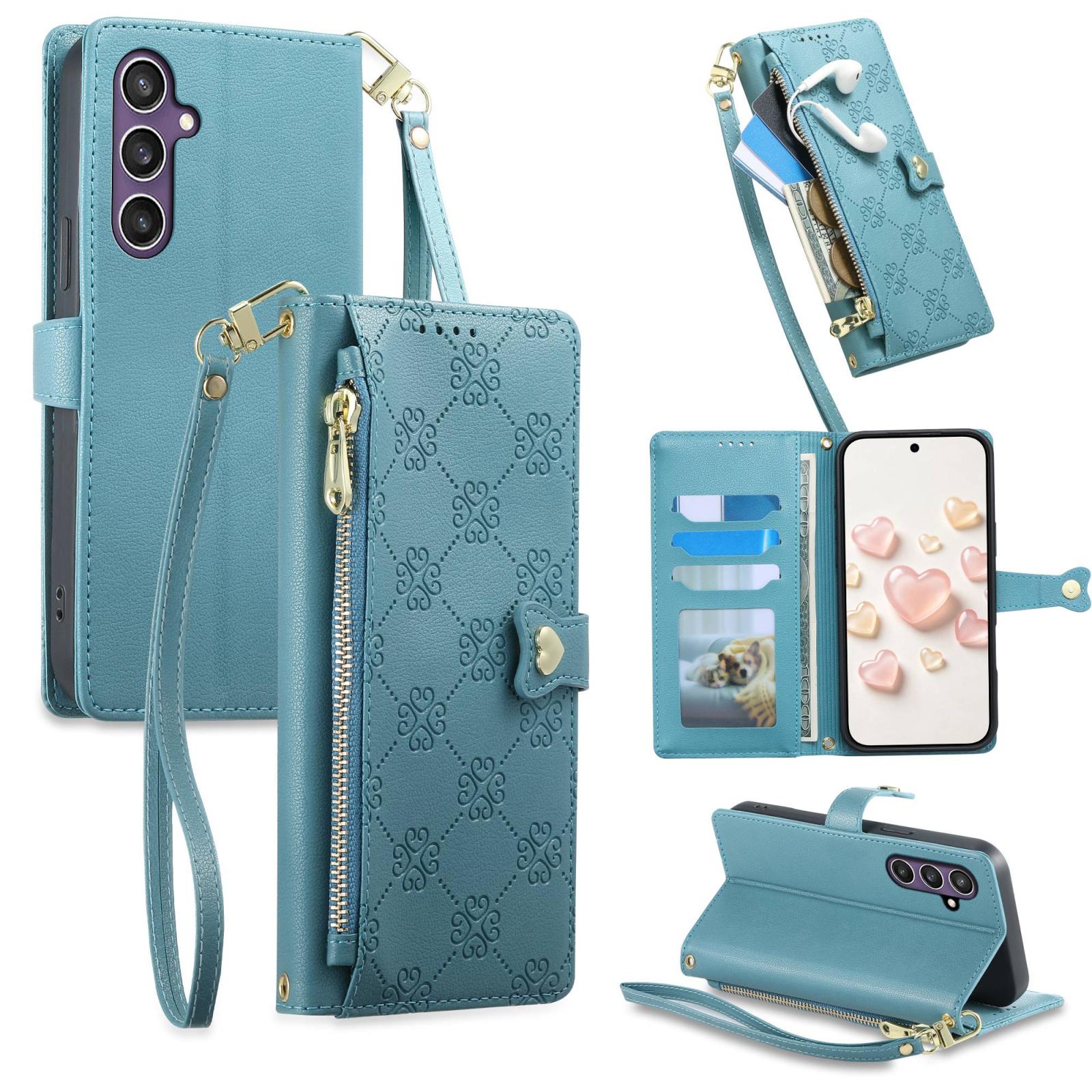 For Galaxy S25 / S24 5G Zipper Wallet Heart Buckle Vegan Leather Phone Case with Wrist Strap(Lake Blue) - Shopkiz.com