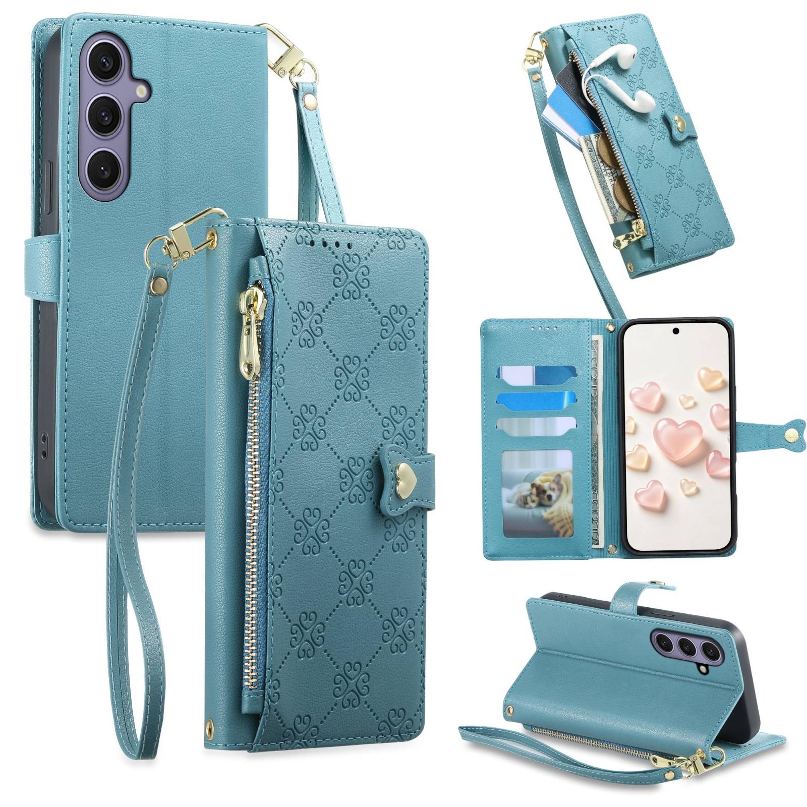 For Galaxy S25+ / S24+ 5G Zipper Wallet Heart Buckle Vegan Leather Phone Case with Wrist Strap(Lake Blue) - Shopkiz.com