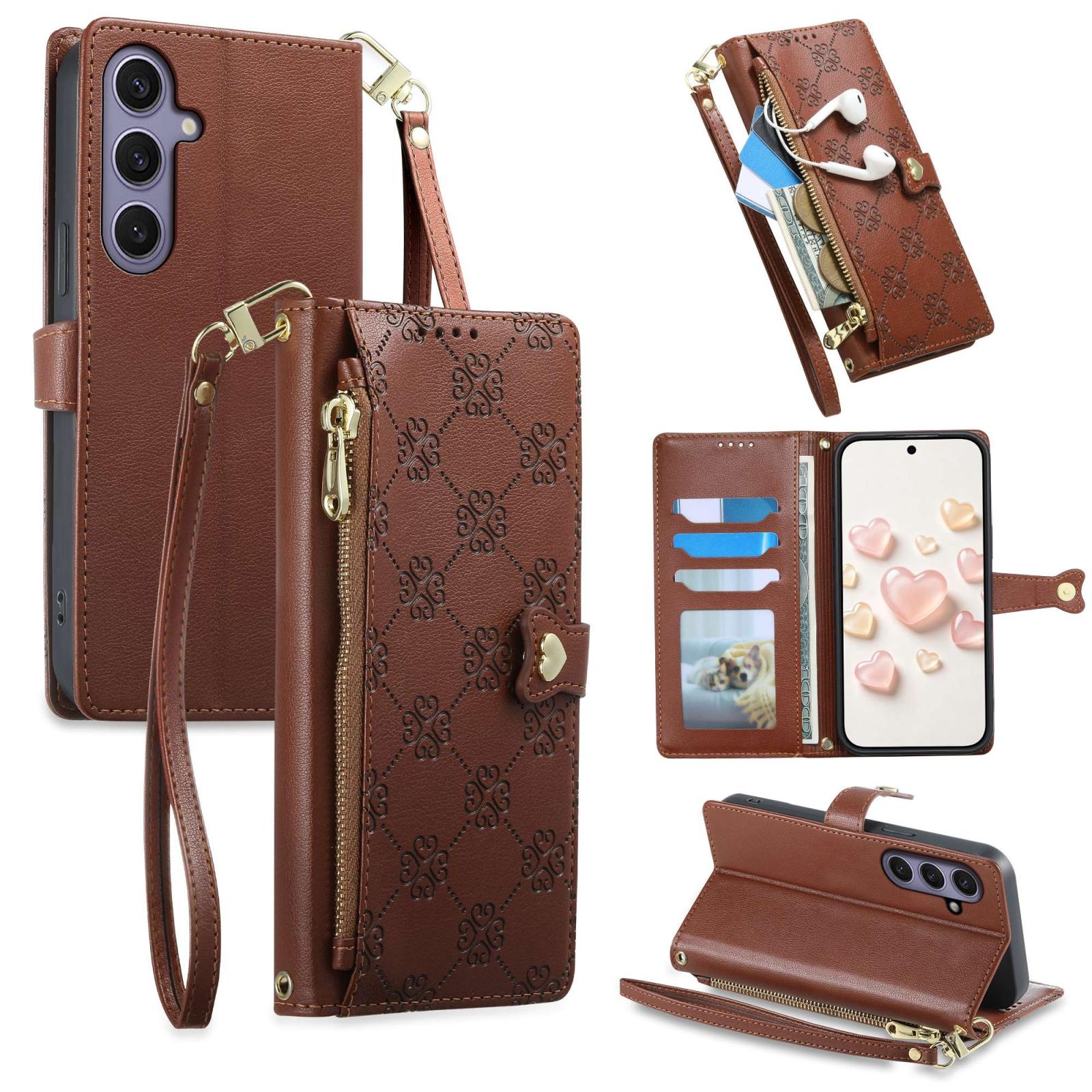 For Galaxy S25+ / S24+ 5G Zipper Wallet Heart Buckle Vegan Leather Phone Case with Wrist Strap(Brown) - Shopkiz.com