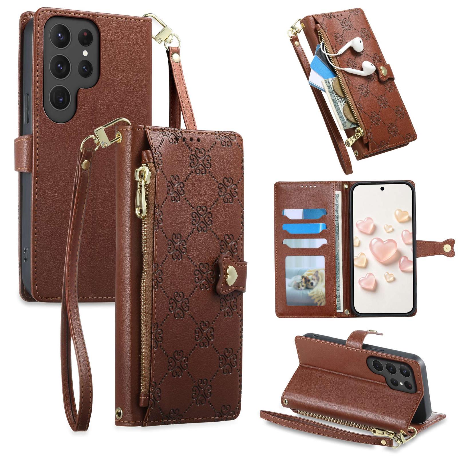 For Galaxy S24 Ultra 5G Zipper Wallet Heart Buckle Vegan Leather Phone Case with Wrist Strap(Brown) - Shopkiz.com