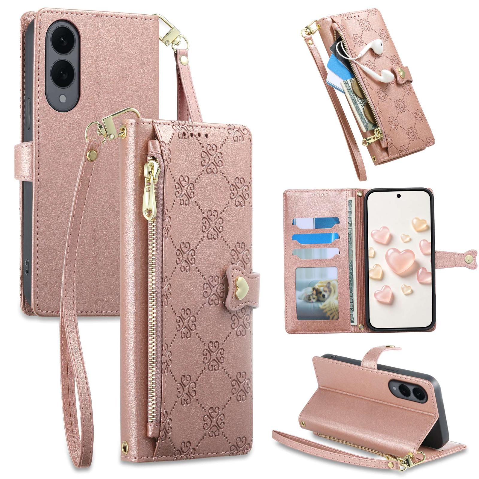 For Galaxy S25 Edge 5G Zipper Wallet Heart Buckle Vegan Leather Phone Case with Wrist Strap(Pink) - Shopkiz.com