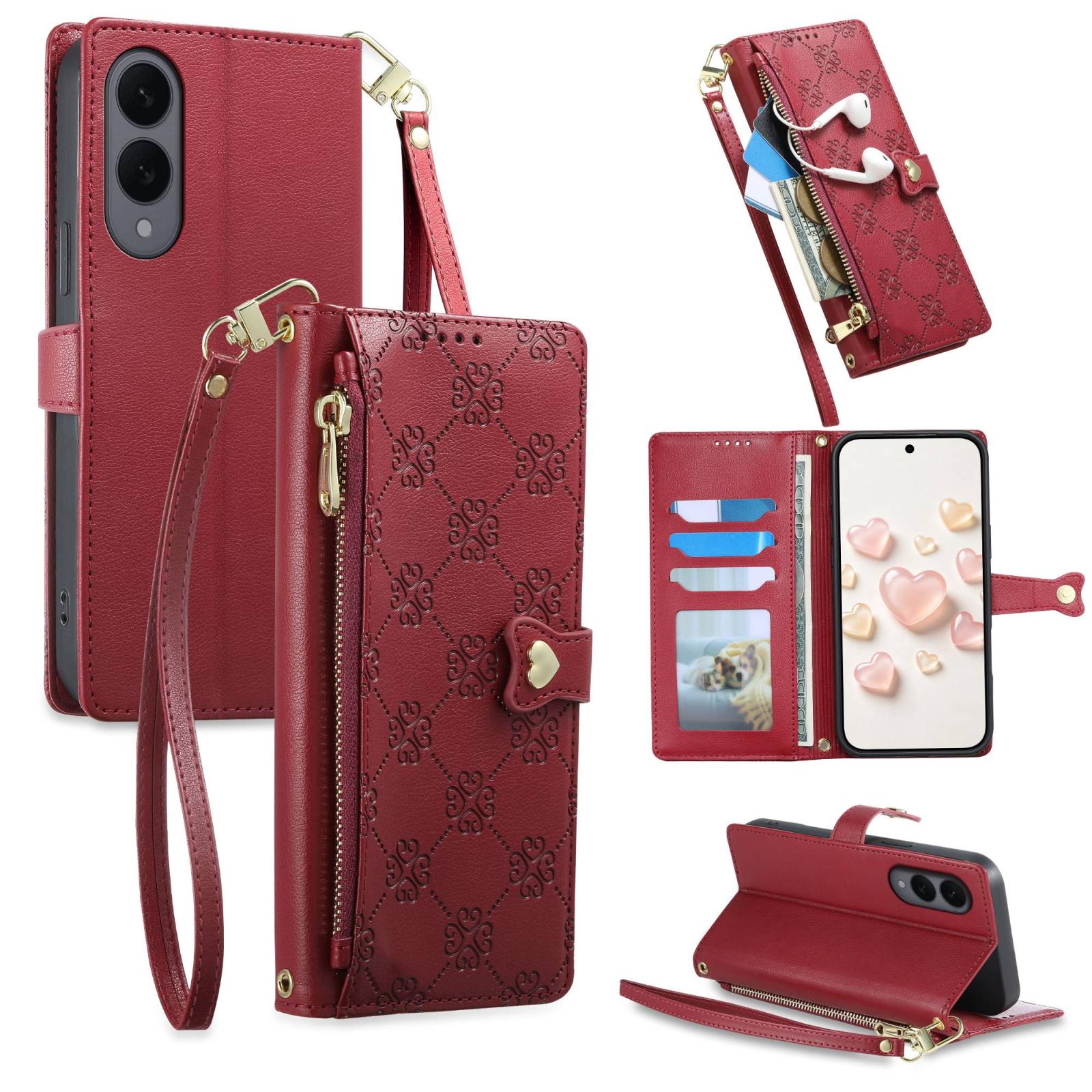 For Galaxy S25 Edge 5G Zipper Wallet Heart Buckle Vegan Leather Phone Case with Wrist Strap(Red) - Shopkiz.com