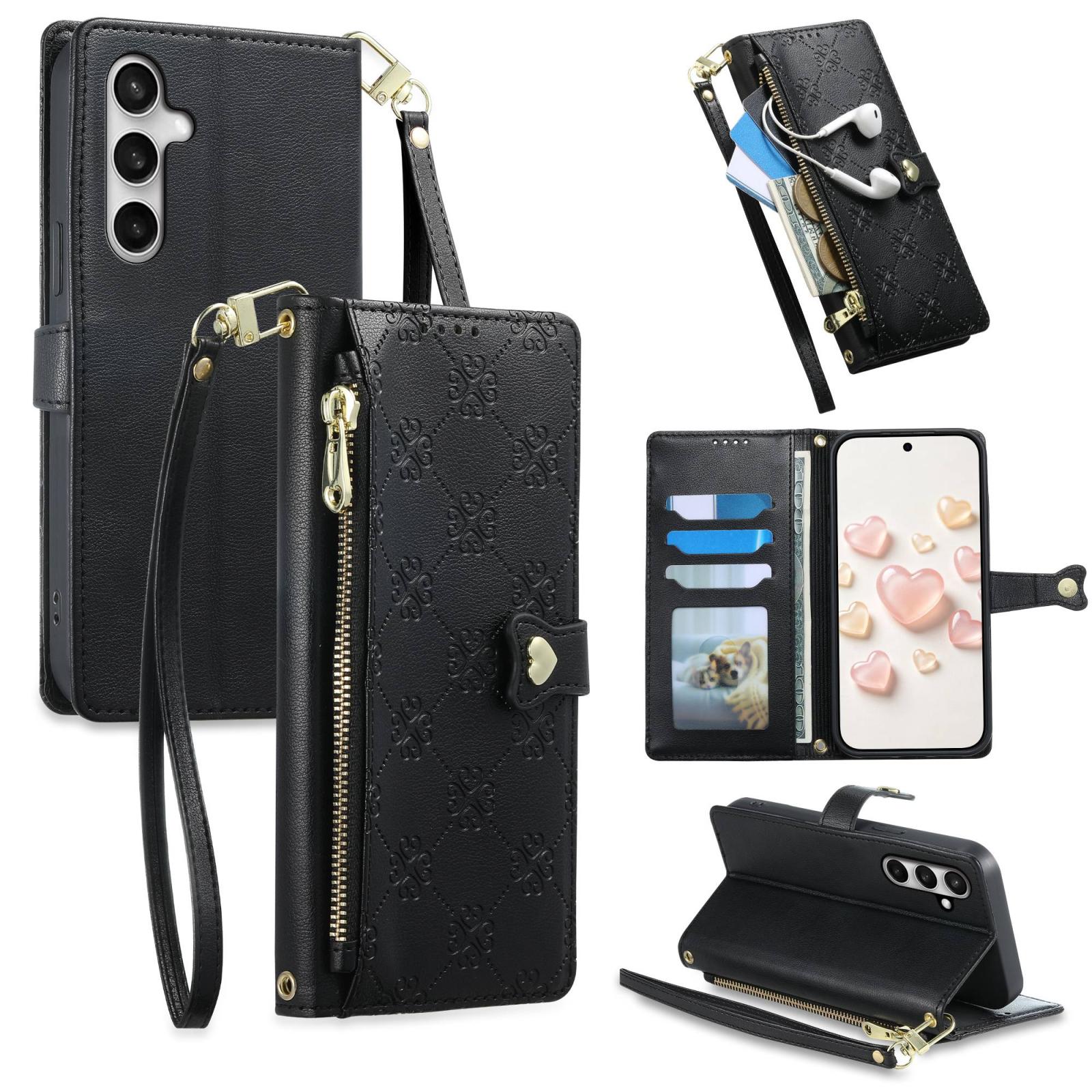 For Galaxy S25 FE 5G Zipper Wallet Heart Buckle Vegan Leather Phone Case with Wrist Strap(Black) - Shopkiz.com
