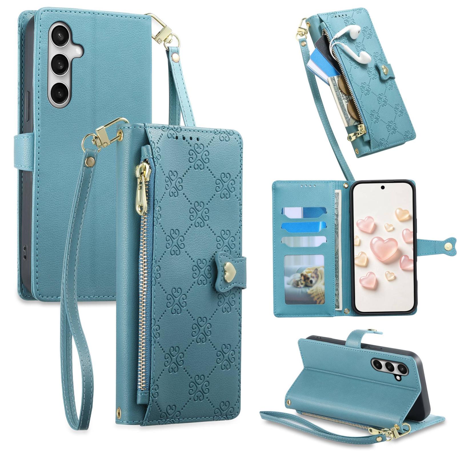 For Galaxy S25 FE 5G Zipper Wallet Heart Buckle Vegan Leather Phone Case with Wrist Strap(Lake Blue) - Shopkiz.com