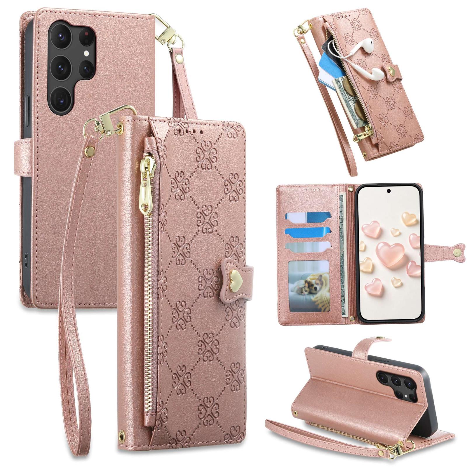For Galaxy S25 Ultra 5G Zipper Wallet Heart Buckle Vegan Leather Phone Case with Wrist Strap(Pink) - Shopkiz.com