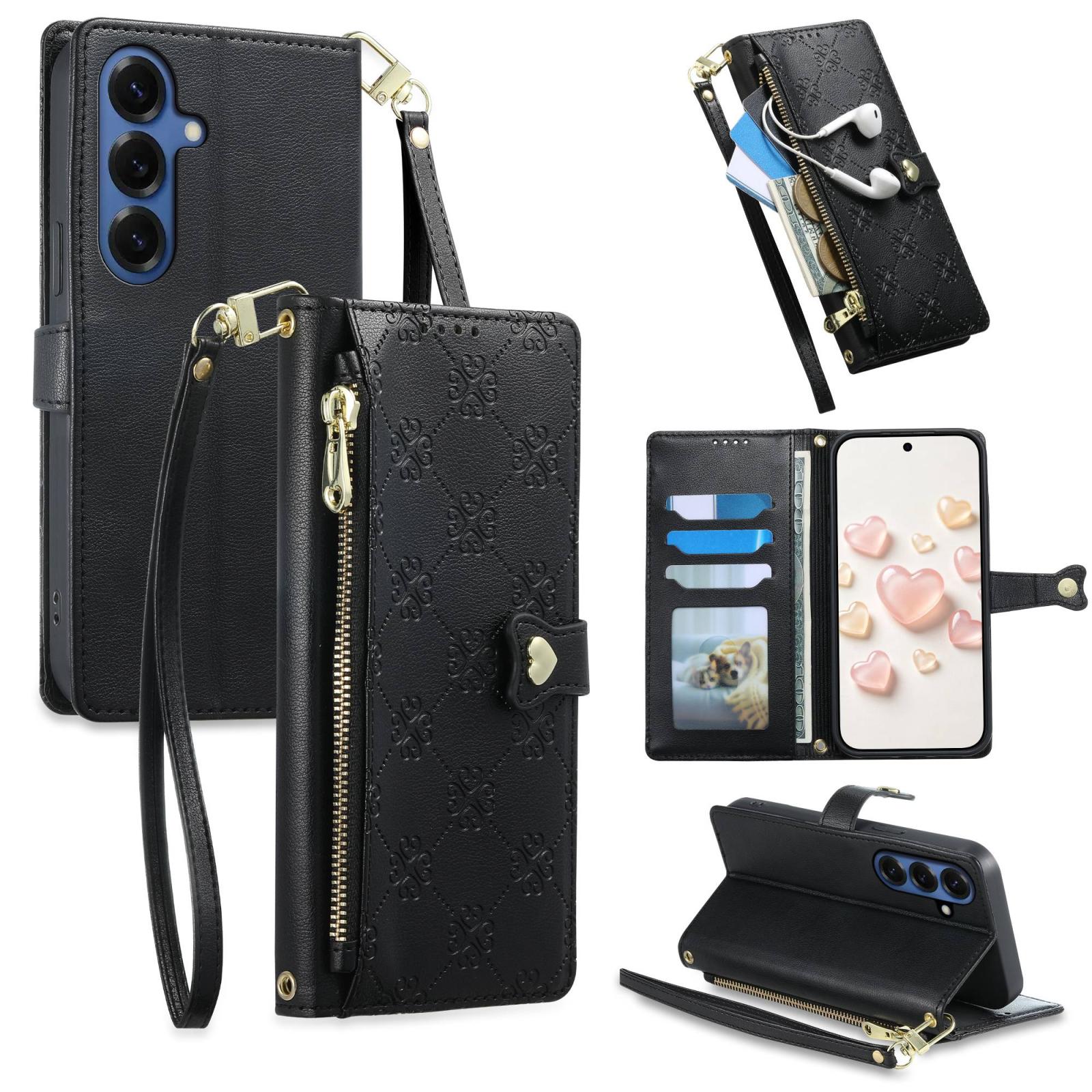For Galaxy S26 5G Zipper Wallet Heart Buckle Vegan Leather Phone Case with Wrist Strap(Black) - Shopkiz.com