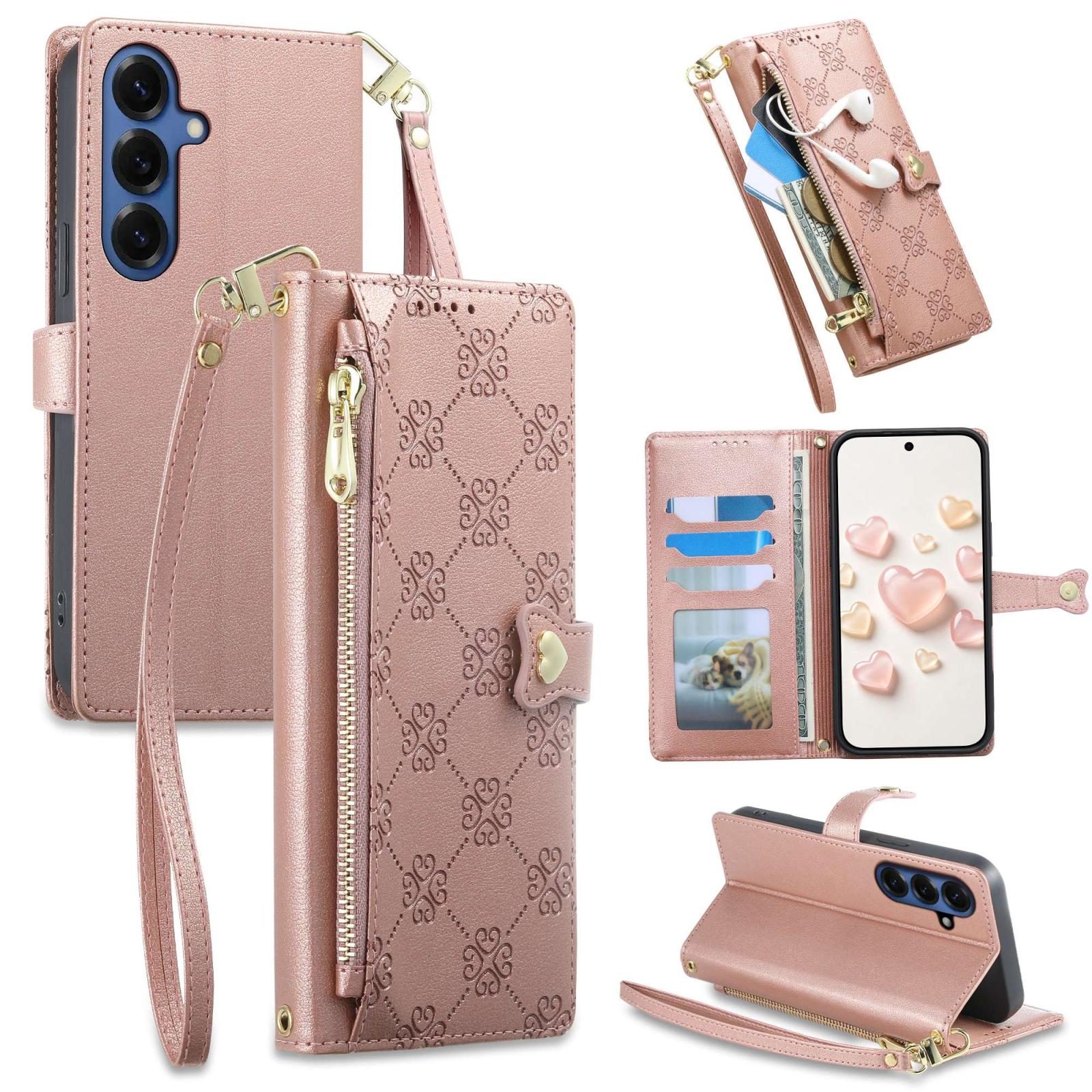 For Galaxy S26 5G Zipper Wallet Heart Buckle Vegan Leather Phone Case with Wrist Strap(Pink) - Shopkiz.com
