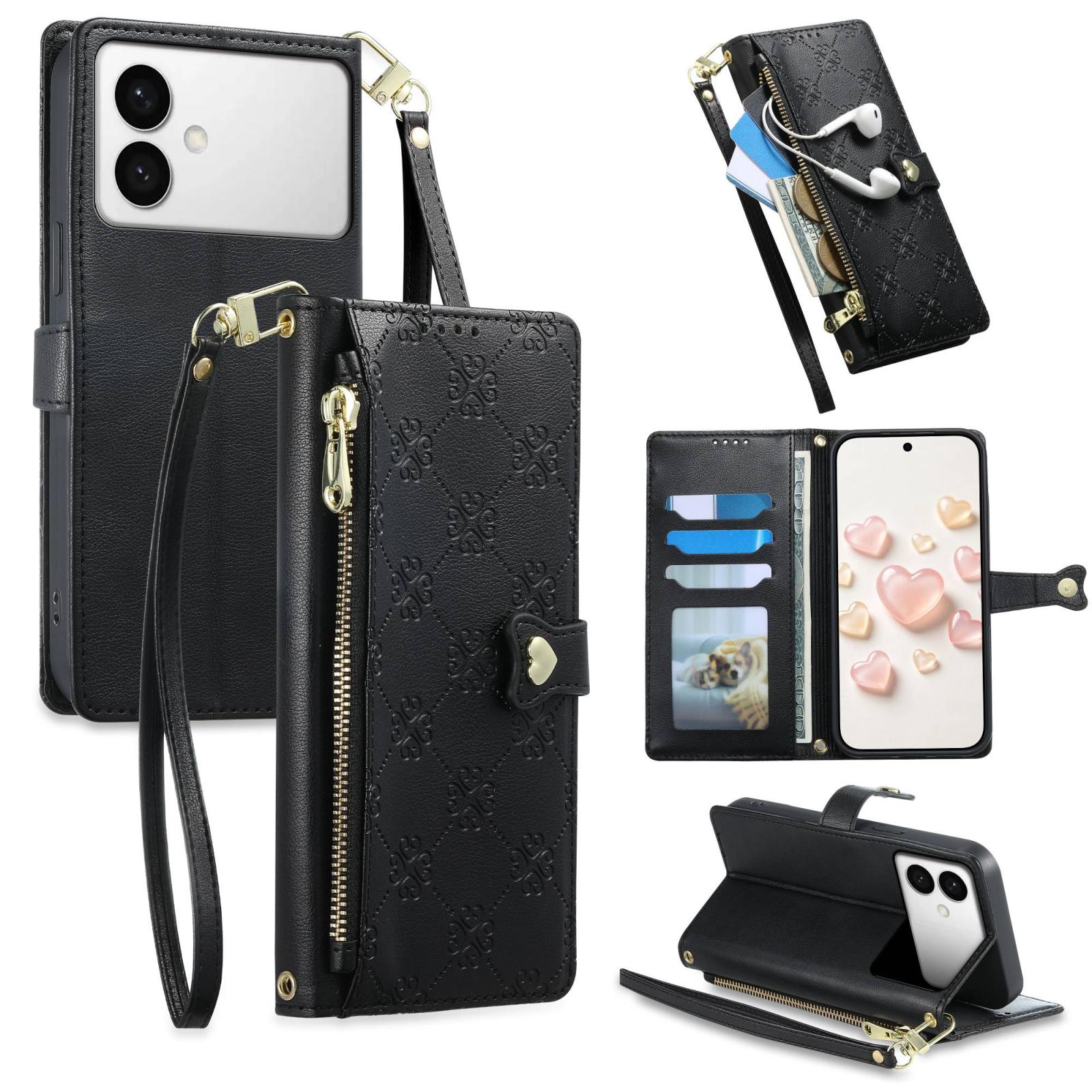 For Galaxy S26 Edge 5G Zipper Wallet Heart Buckle Vegan Leather Phone Case with Wrist Strap(Black) - Shopkiz.com