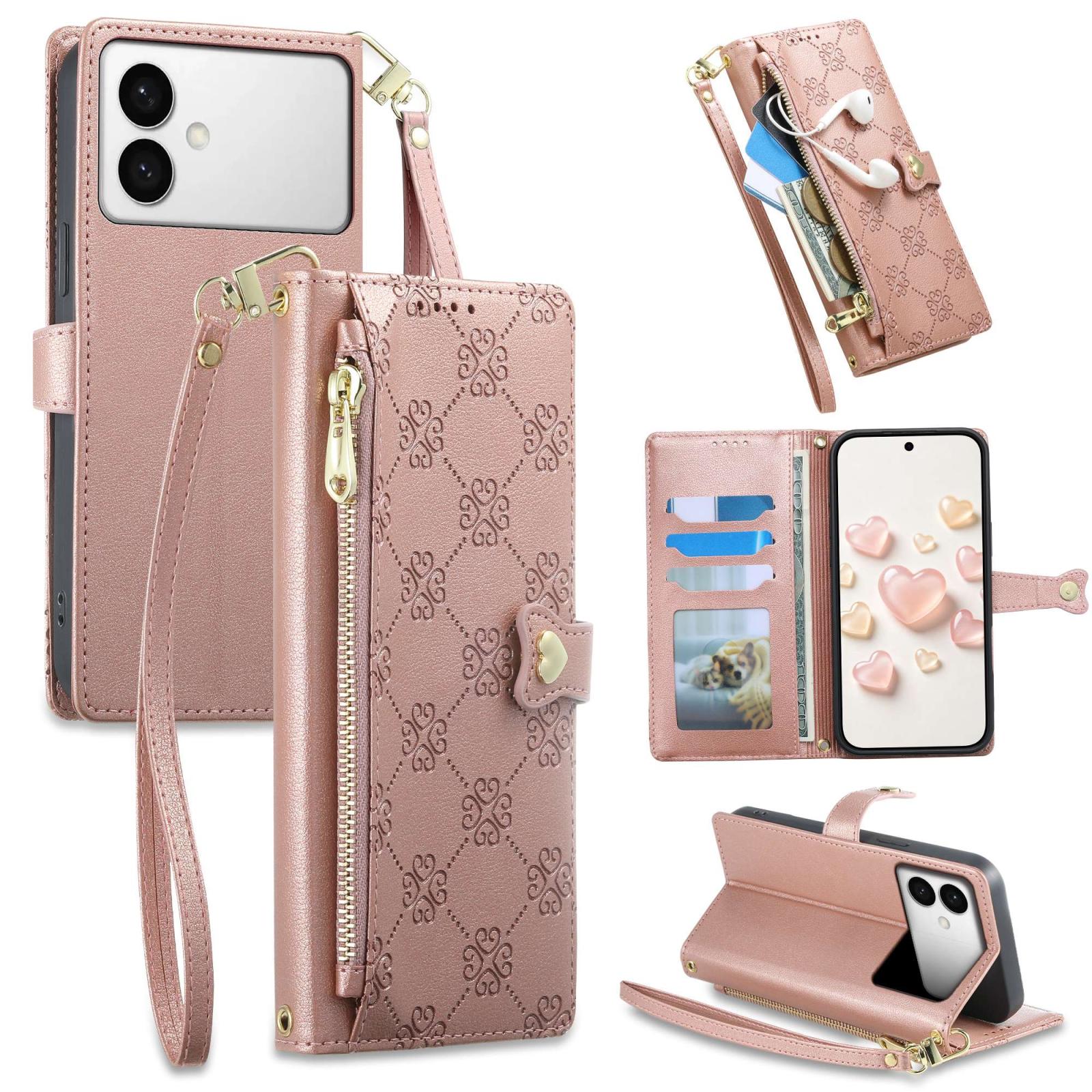 For Galaxy S26 Edge 5G Zipper Wallet Heart Buckle Vegan Leather Phone Case with Wrist Strap(Pink) - Shopkiz.com