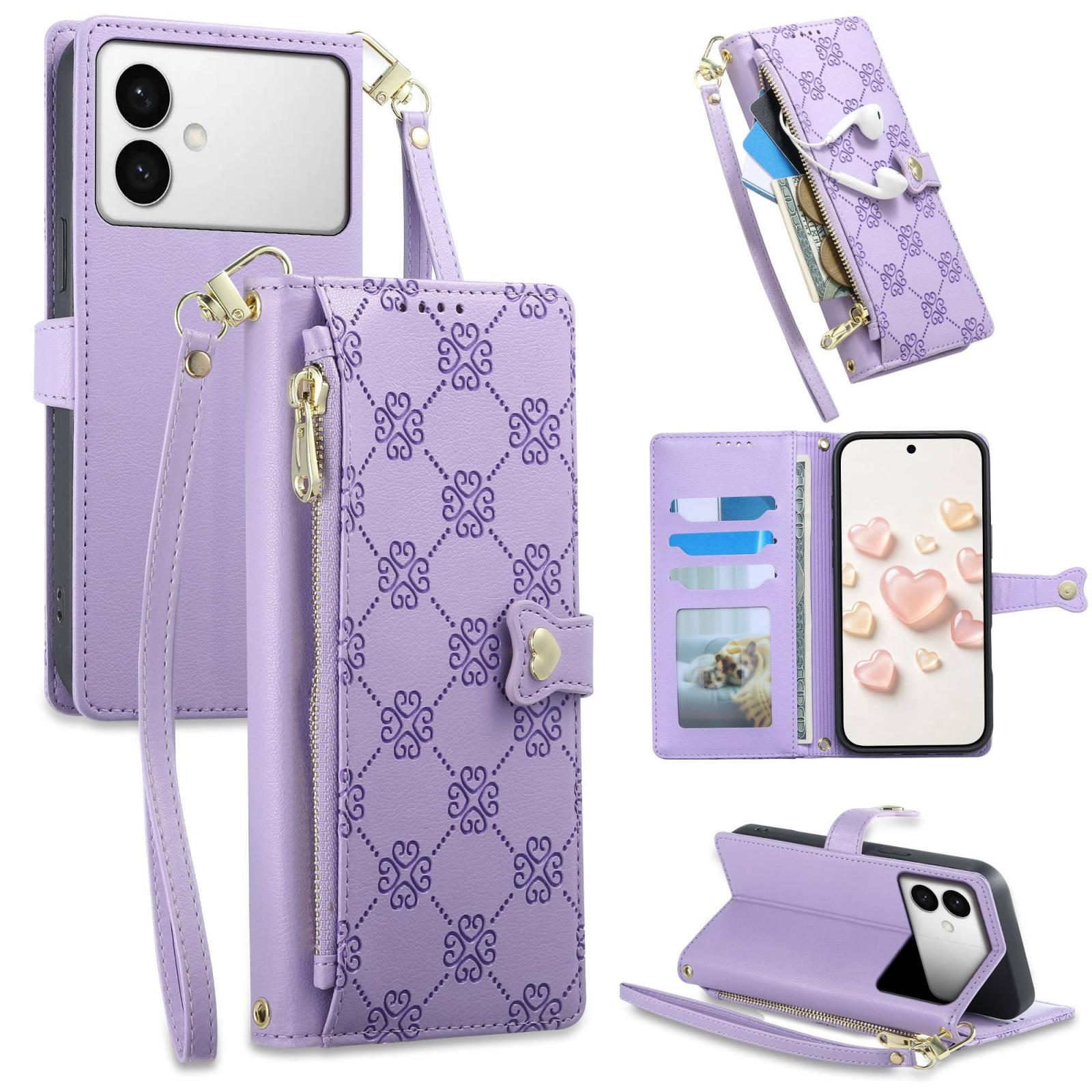 For Galaxy S26 Edge 5G Zipper Wallet Heart Buckle Vegan Leather Phone Case with Wrist Strap(Purple) - Shopkiz.com