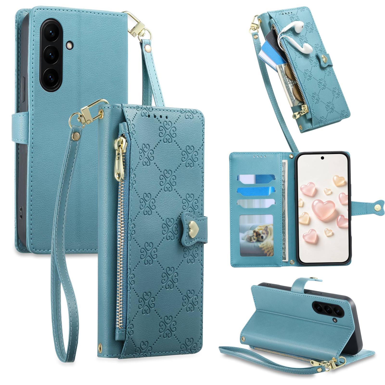 For Galaxy S26 FE 5G Zipper Wallet Heart Buckle Vegan Leather Phone Case with Wrist Strap(Lake Blue) - Shopkiz.com