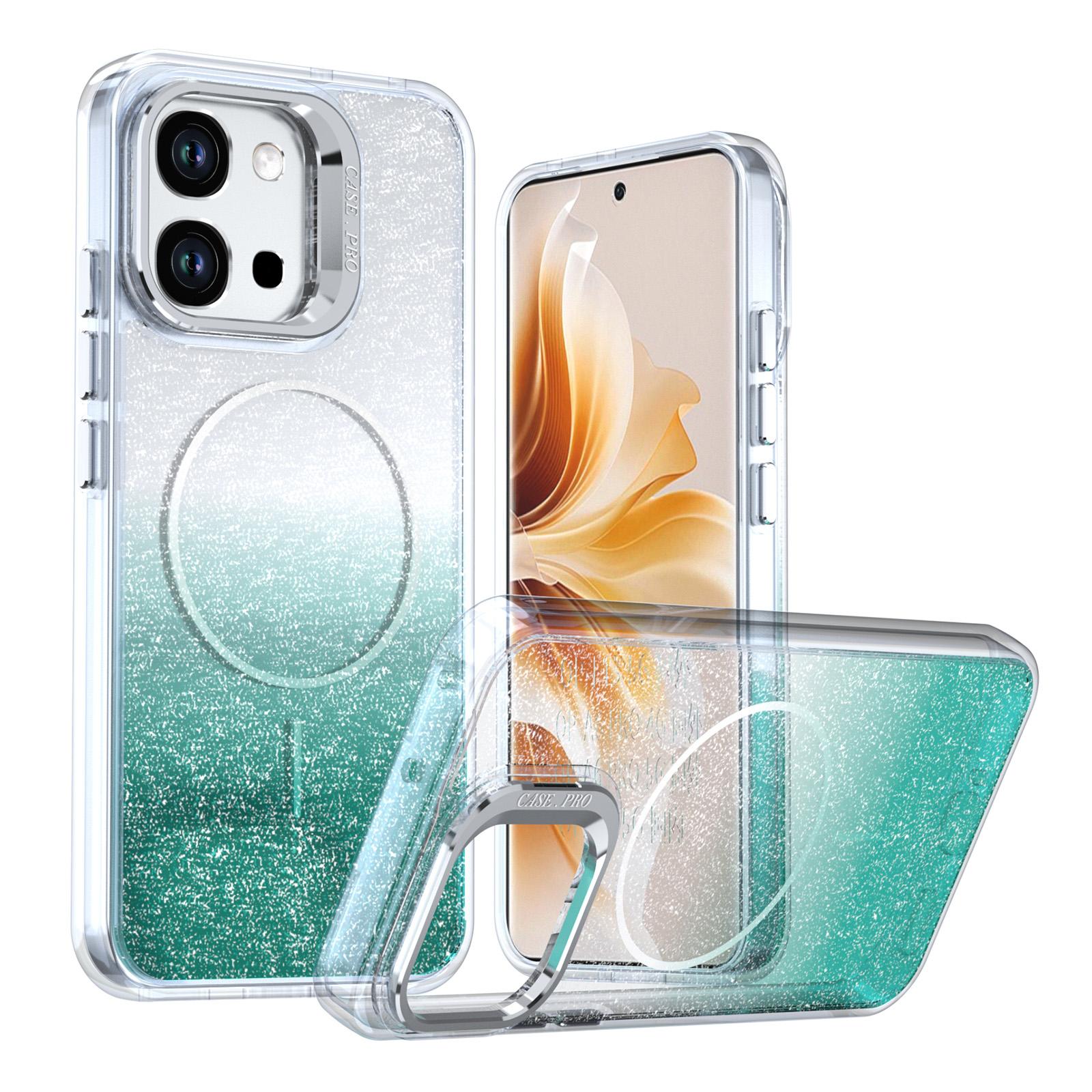 For OPPO A6 Pro 5G Global Glitter Gradient Magnetic Lens Frame Holder Phone Case(Lake Green) - Shopkiz.com