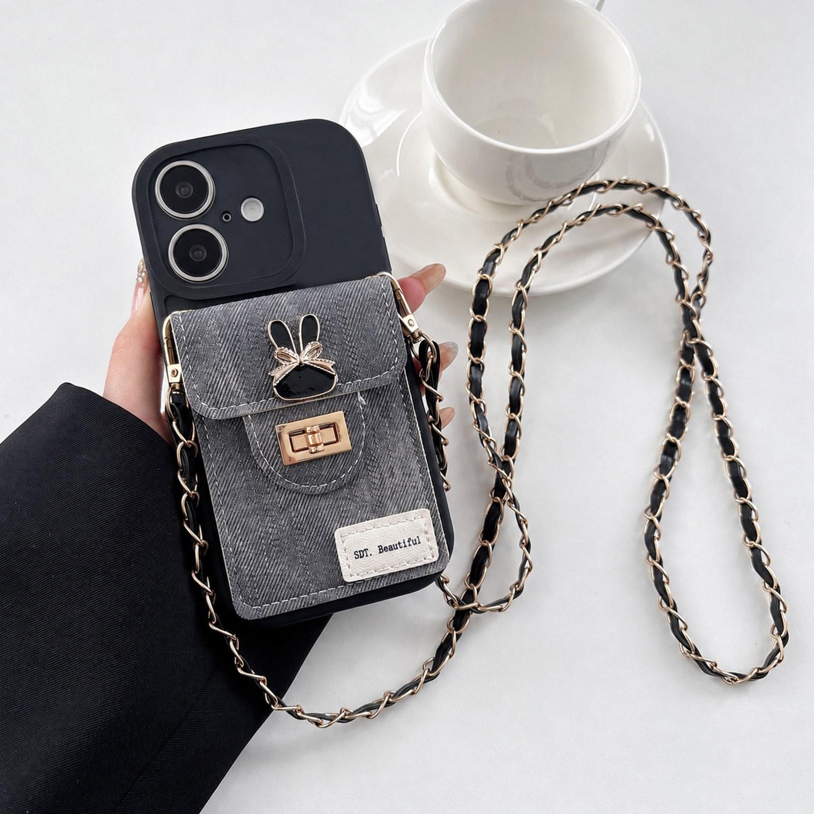 For iPhone 18 Denim Patterned Rabbit Card Bag Phone Case with Crossbody Chain(Black) - Shopkiz.com