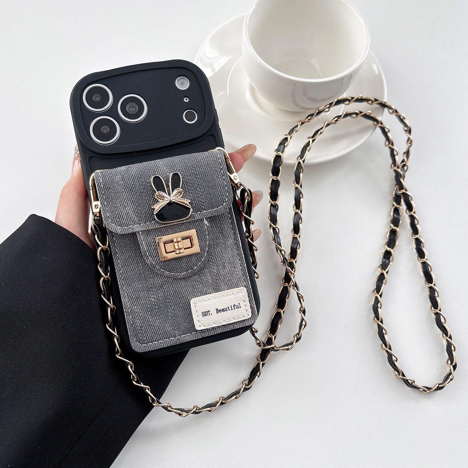 For iPhone 18 Pro Denim Patterned Rabbit Card Bag Phone Case with Crossbody Chain(Black) - Shopkiz.com