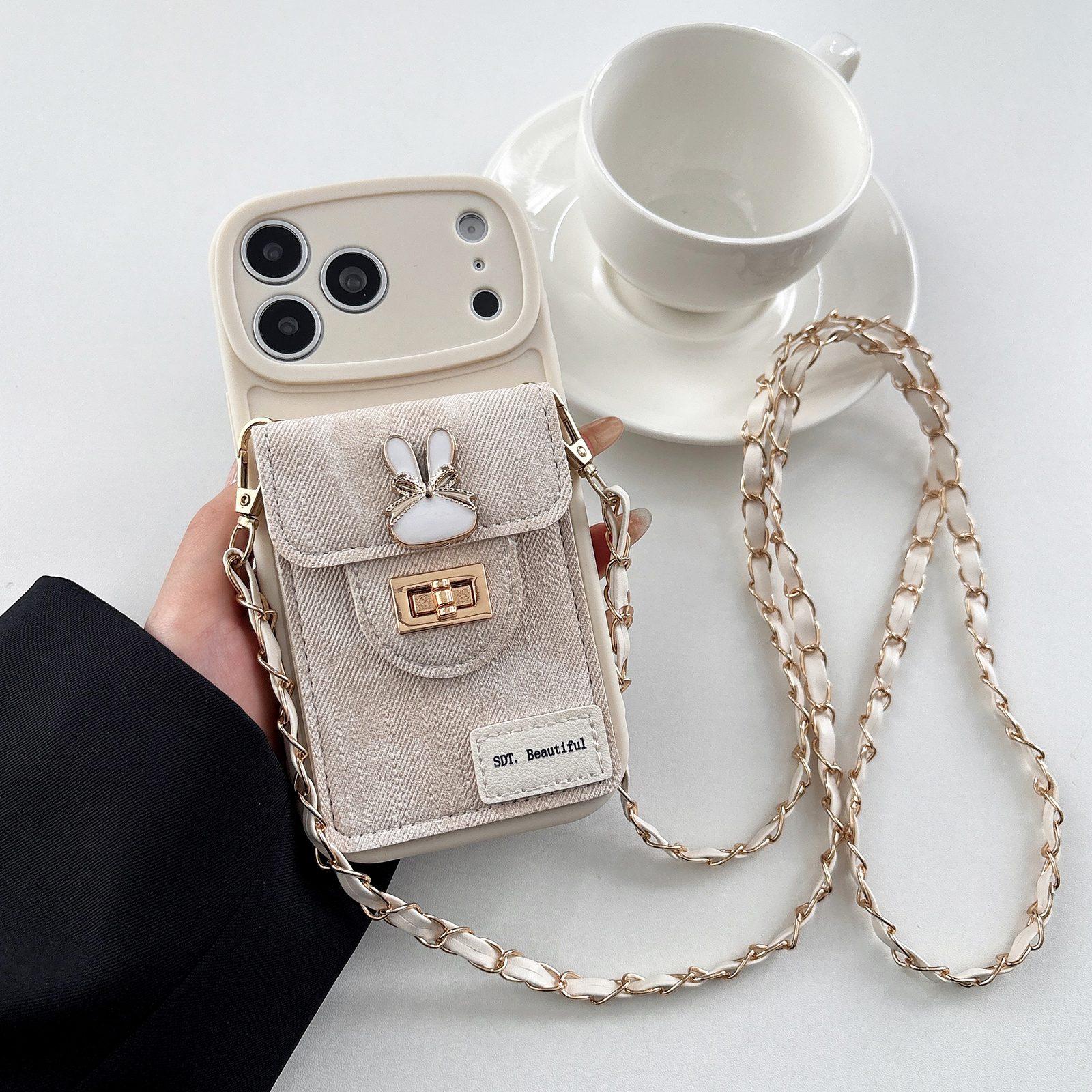 For iPhone 17 Pro Denim Patterned Rabbit Card Bag Phone Case with Crossbody Chain(Apricot) - Shopkiz.com