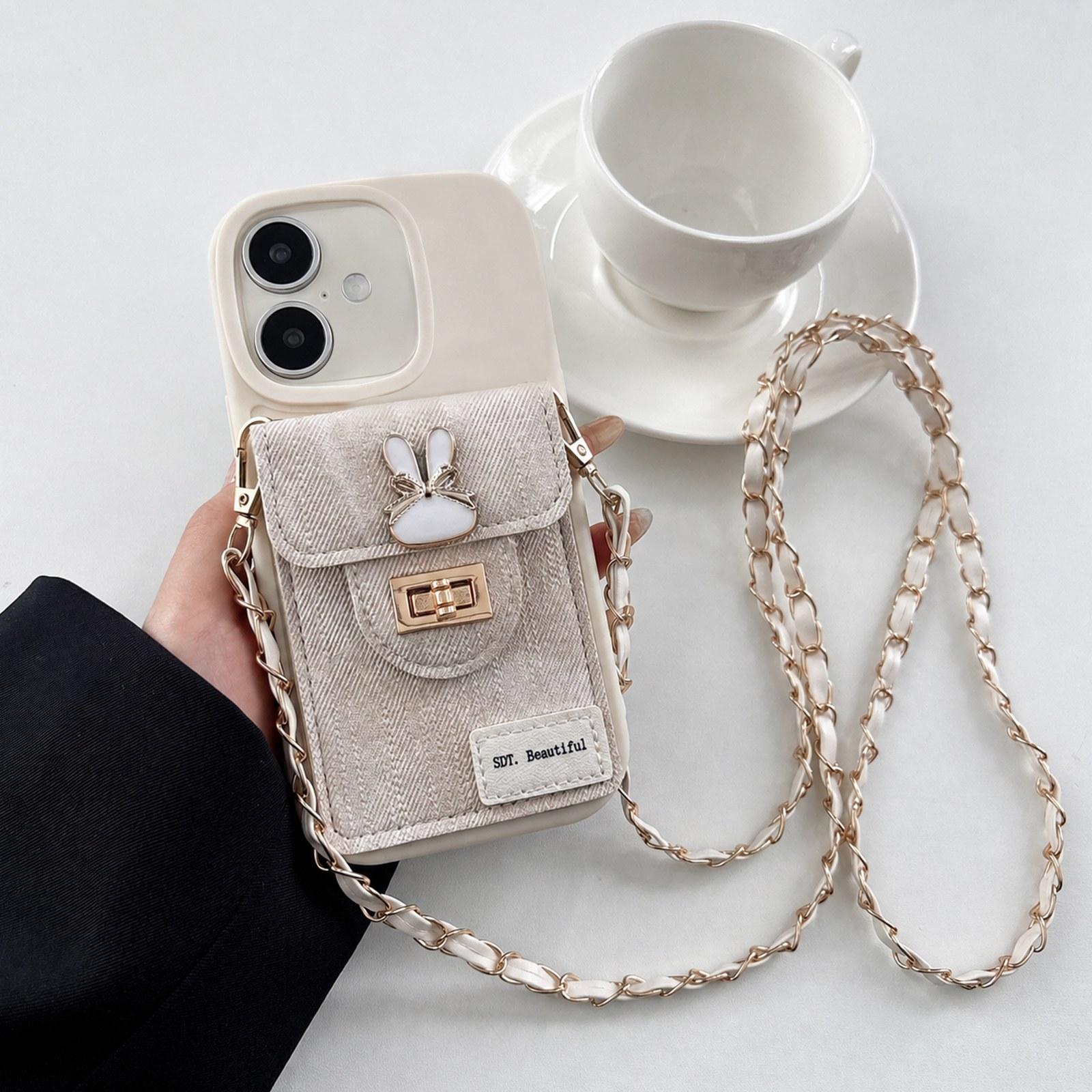 For iPhone 16 Plus Denim Patterned Rabbit Card Bag Phone Case with Crossbody Chain(Apricot) - Shopkiz.com