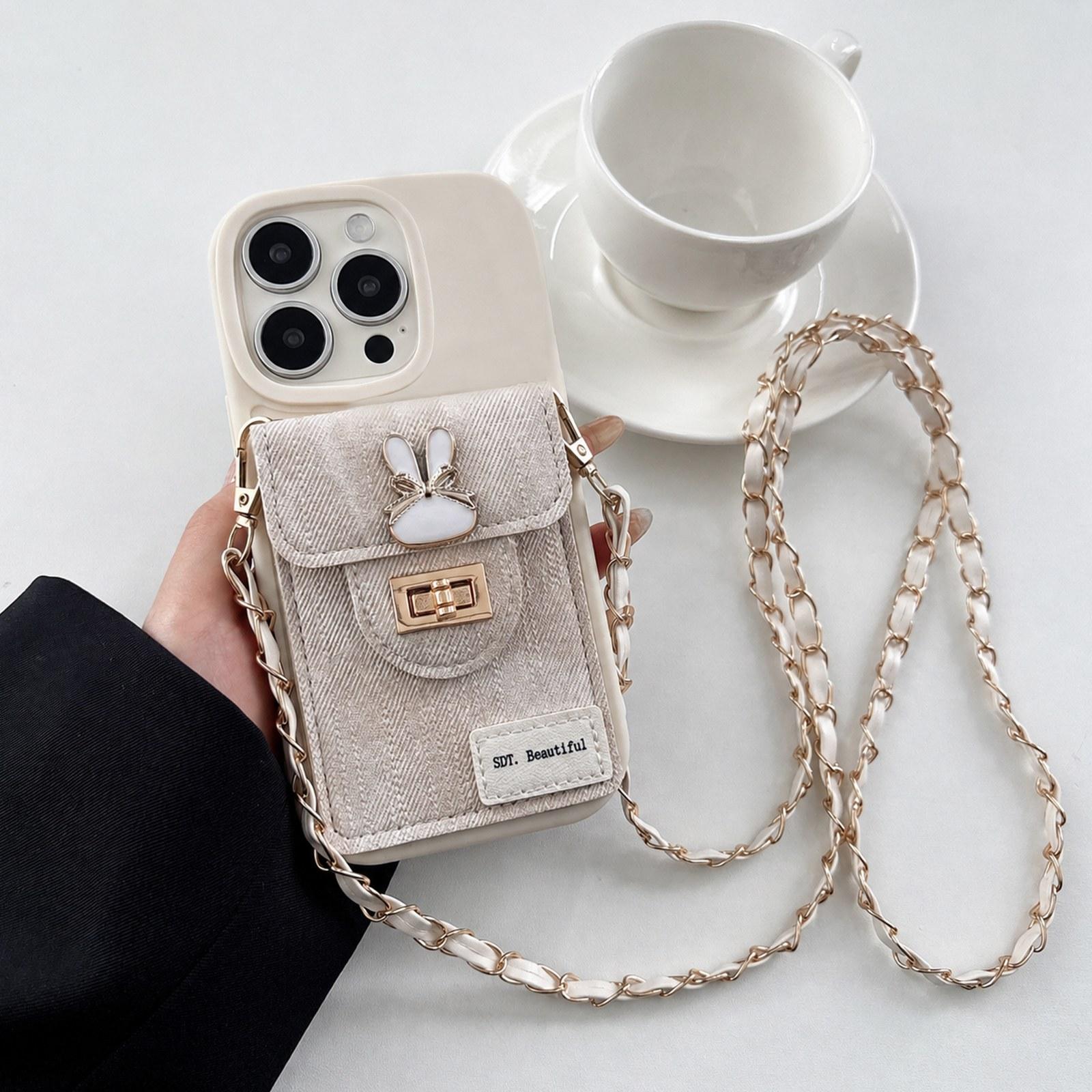 For iPhone 15 Pro Max Denim Patterned Rabbit Card Bag Phone Case with Crossbody Chain(Apricot) - Shopkiz.com