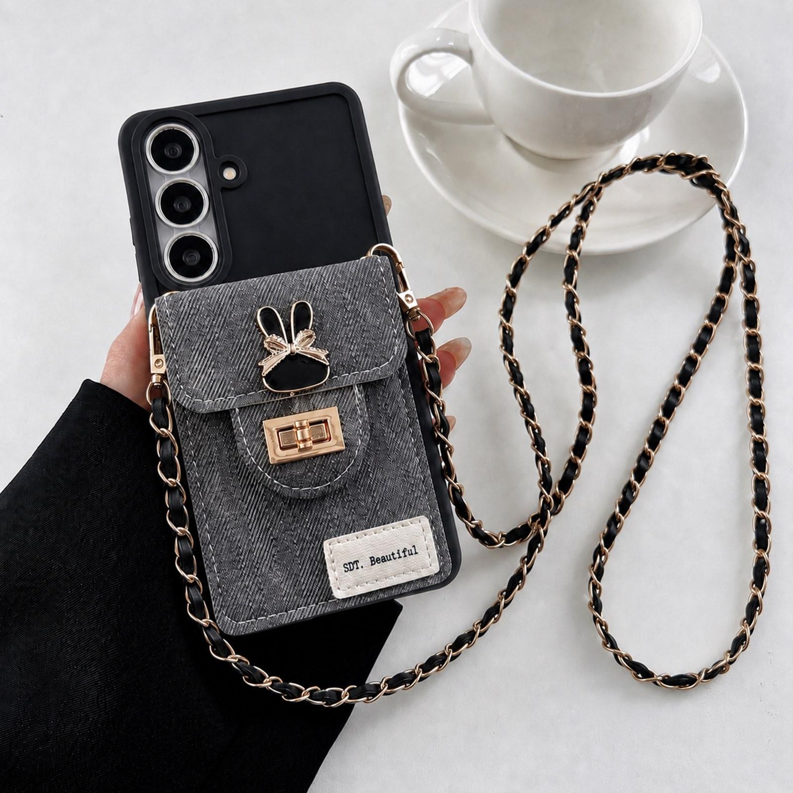 For Galaxy A16 5G / 4G Denim Patterned Rabbit Card Bag Phone Case with Crossbody Chain(Black) - Shopkiz.com