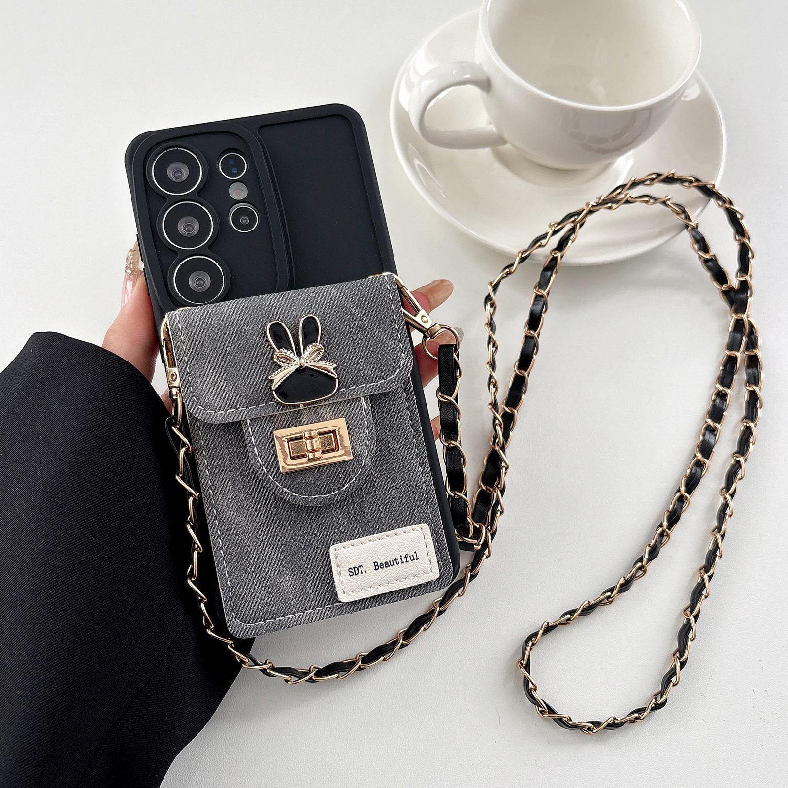 For Galaxy S26 Ultra 5G Denim Patterned Rabbit Card Bag Phone Case with Crossbody Chain(Black) - Shopkiz.com