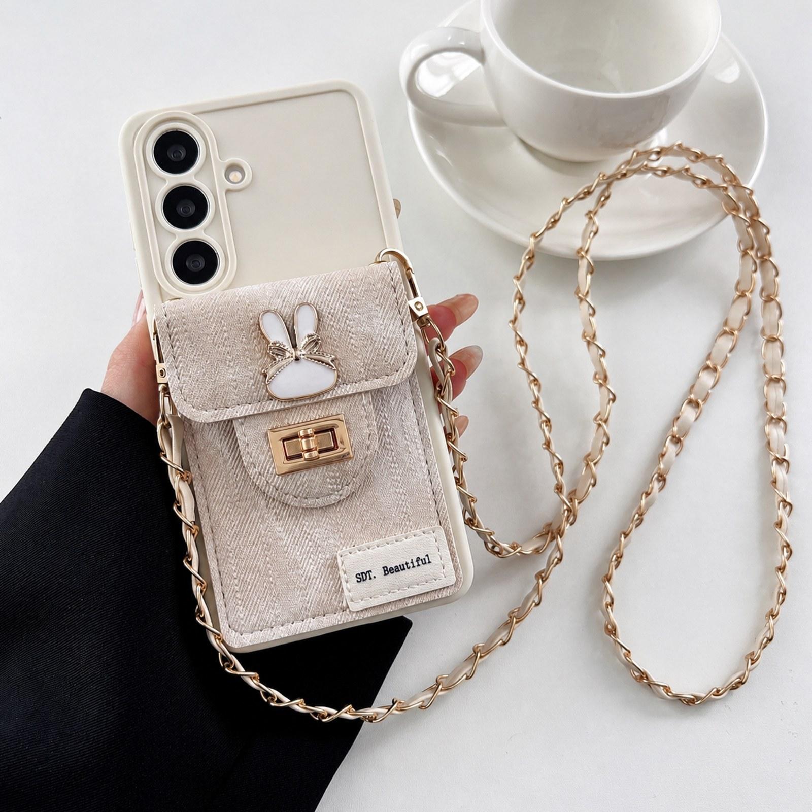 For Galaxy S24 FE 5G Denim Patterned Rabbit Card Bag Phone Case with Crossbody Chain(Apricot) - Shopkiz.com
