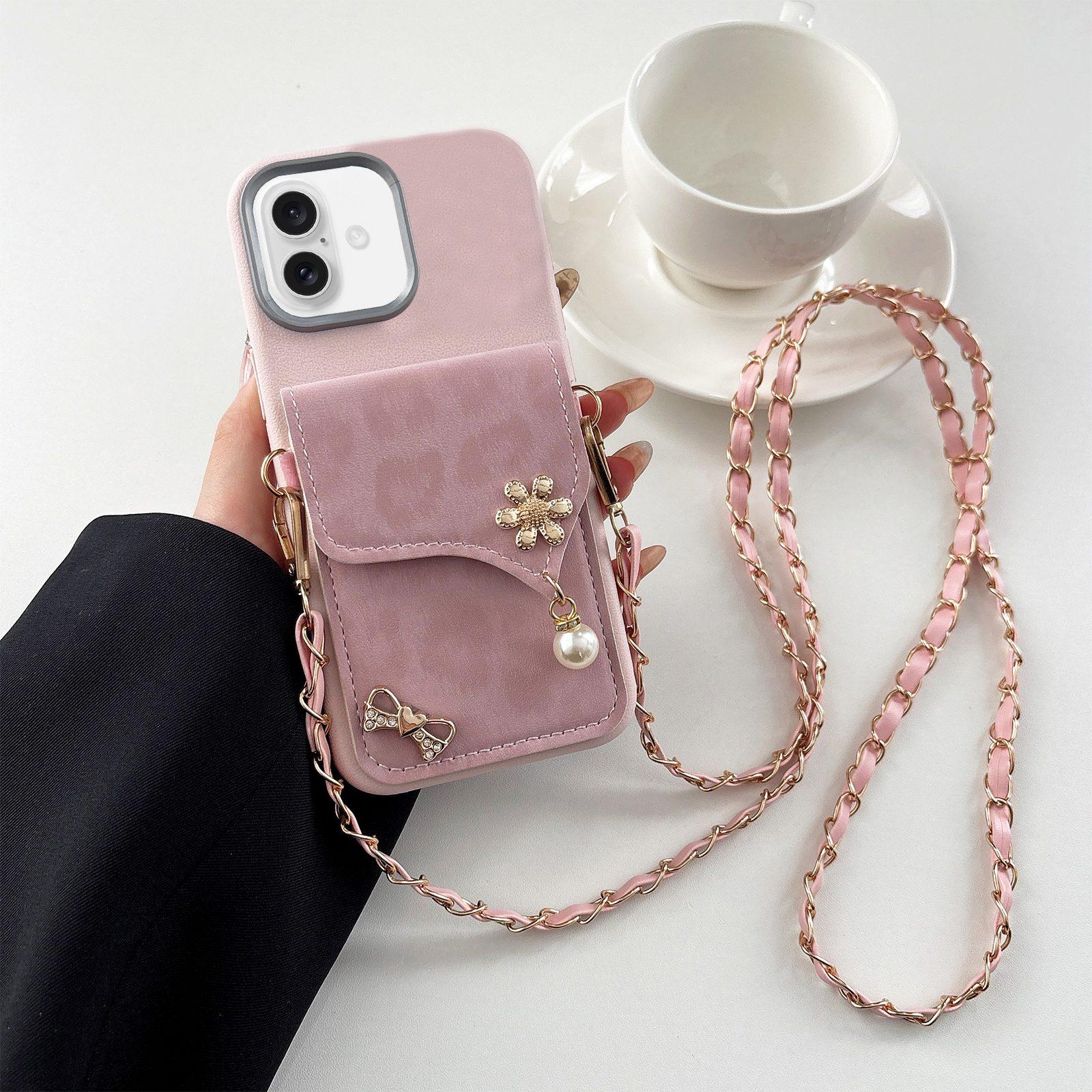 For iPhone 18 Leather Leopard Print Card Bag Phone Case with Crossbody Chain(Pink) - Shopkiz.com