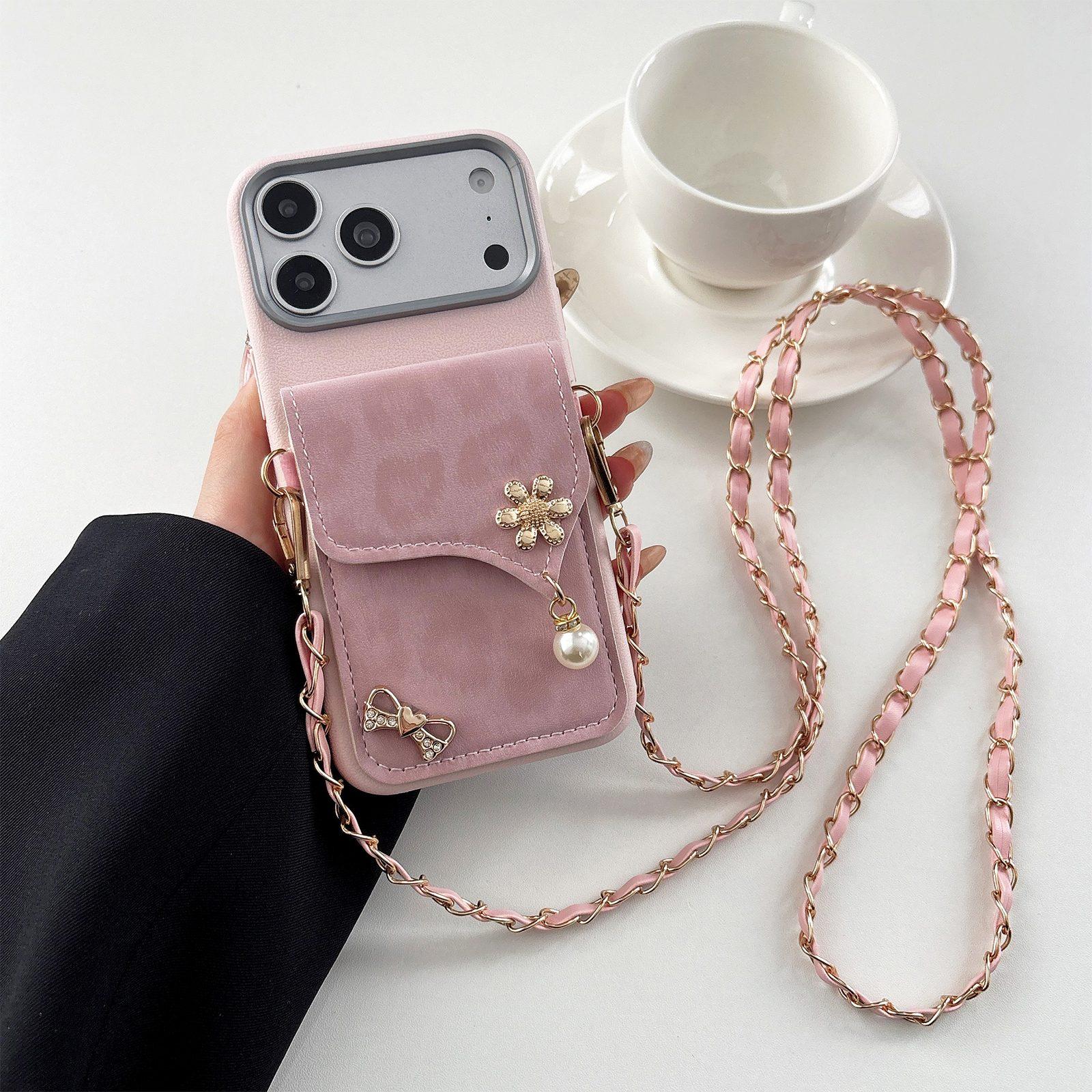 For iPhone 18 Pro Leather Leopard Print Card Bag Phone Case with Crossbody Chain(Pink) - Shopkiz.com