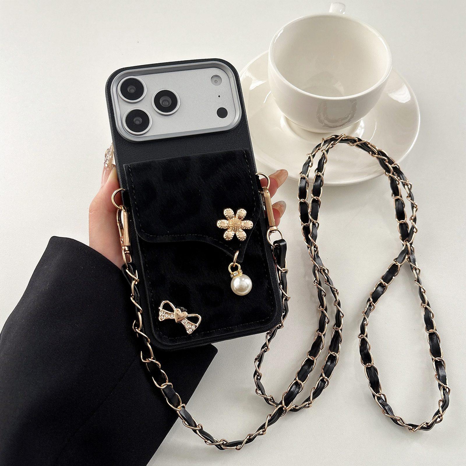 For iPhone 18 Pro Leather Leopard Print Card Bag Phone Case with Crossbody Chain(Black) - Shopkiz.com