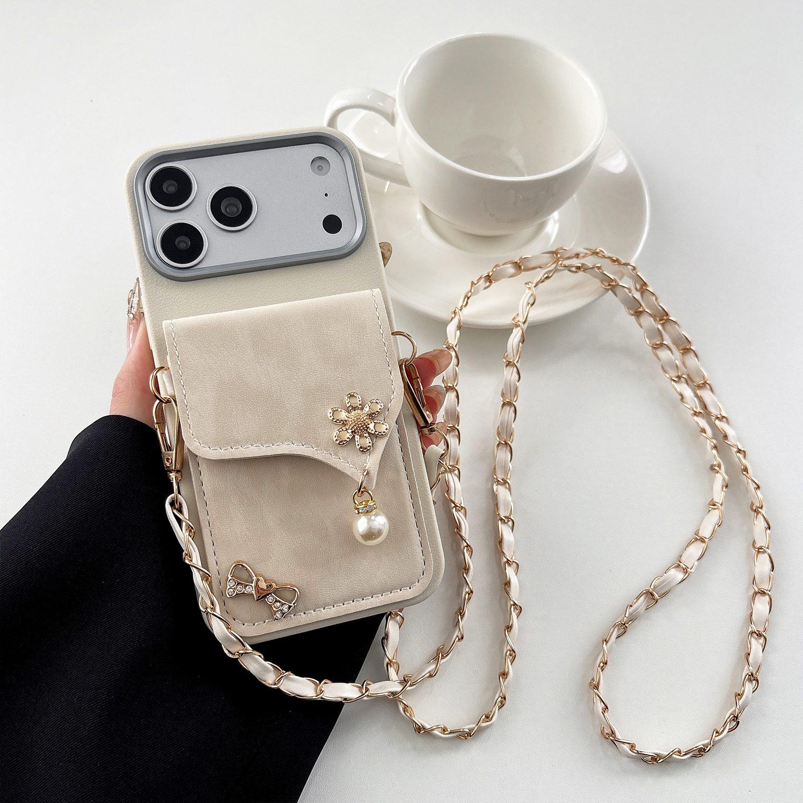 For iPhone 18 Pro Leather Leopard Print Card Bag Phone Case with Crossbody Chain(Apricot) - Shopkiz.com