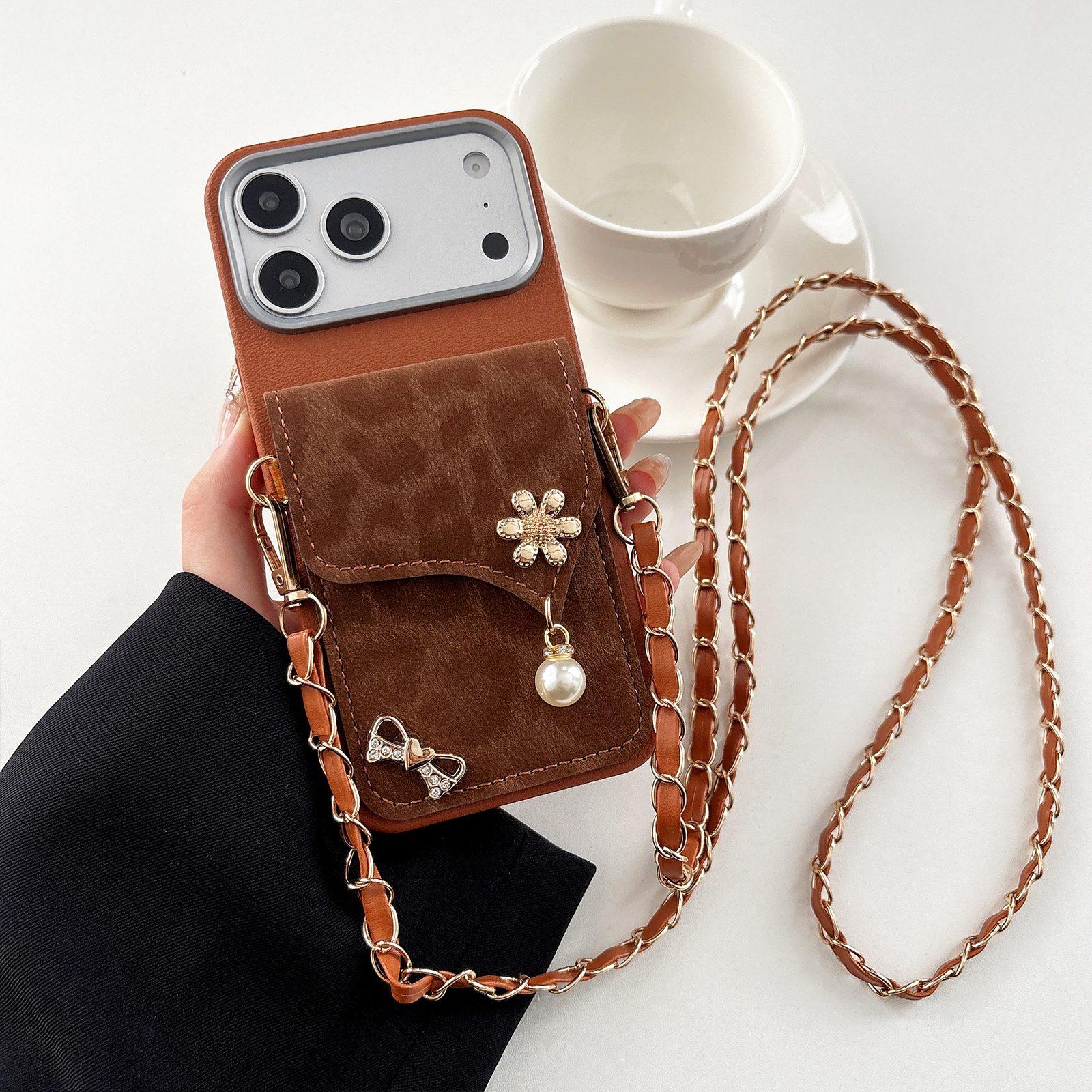 For iPhone 17 Pro Leather Leopard Print Card Bag Phone Case with Crossbody Chain(Brown) - Shopkiz.com