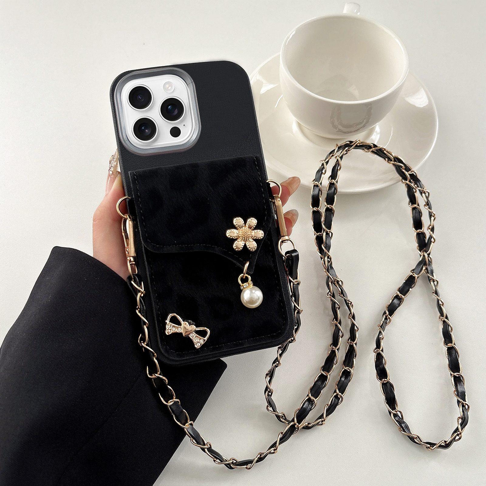 For iPhone 16 Pro Max Leather Leopard Print Card Bag Phone Case with Crossbody Chain(Black) - Shopkiz.com