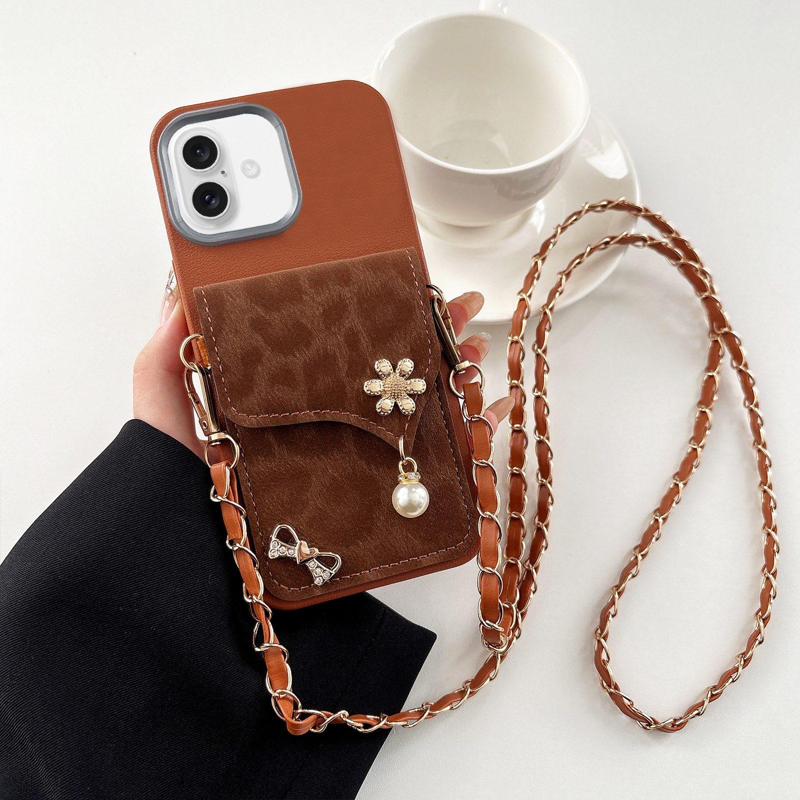 For iPhone 16 Leather Leopard Print Card Bag Phone Case with Crossbody Chain(Brown) - Shopkiz.com