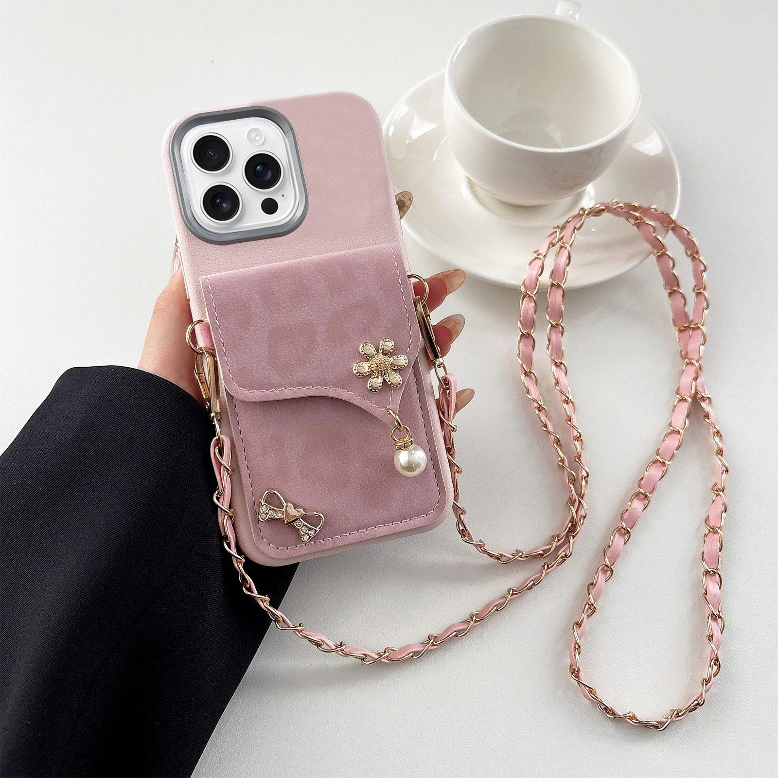 For iPhone 15 Pro Max Leather Leopard Print Card Bag Phone Case with Crossbody Chain(Pink) - Shopkiz.com