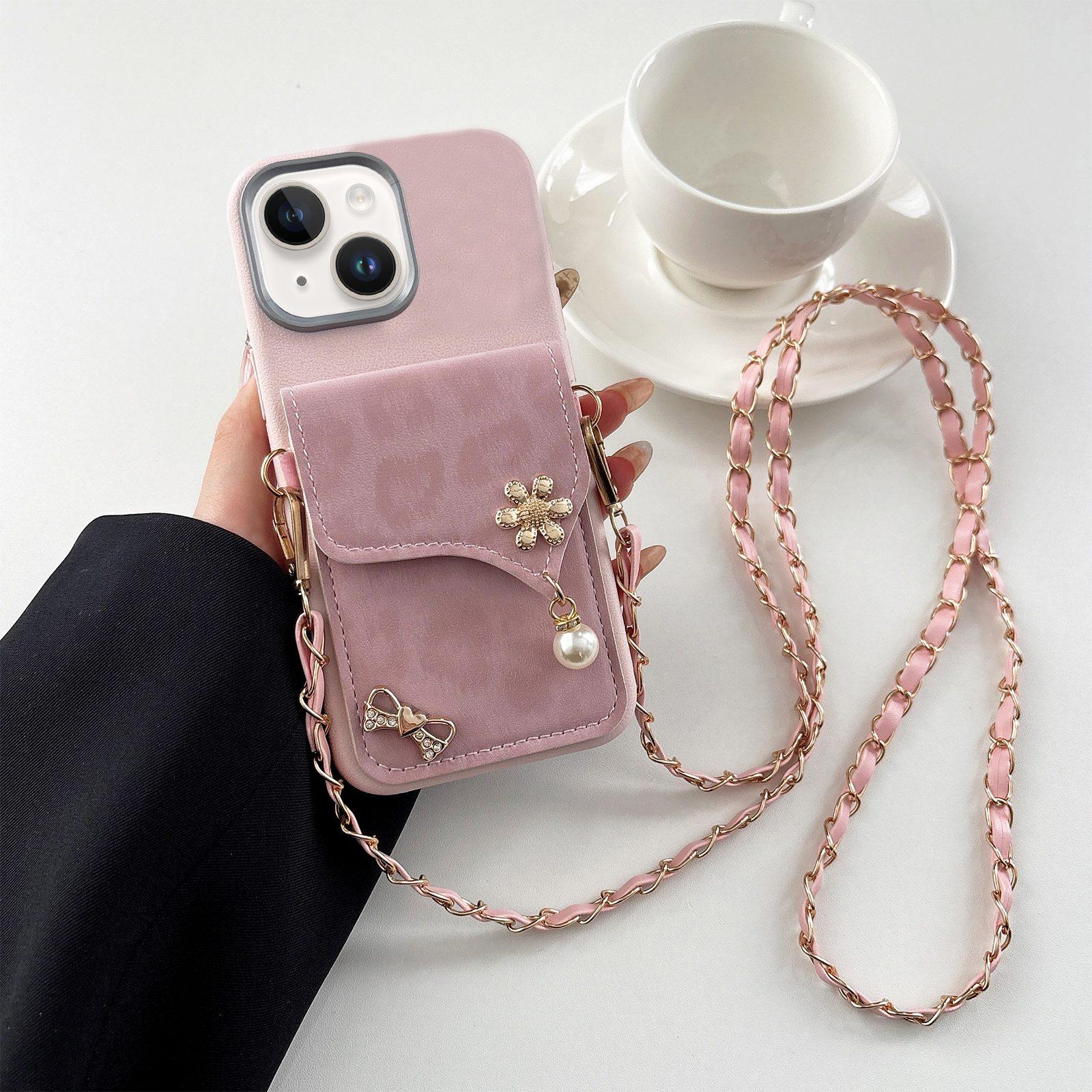 For iPhone 15 Plus Leather Leopard Print Card Bag Phone Case with Crossbody Chain(Pink) - Shopkiz.com