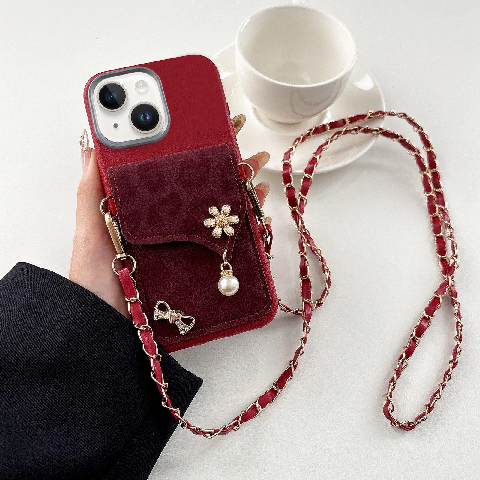 For iPhone 15 Plus Leather Leopard Print Card Bag Phone Case with Crossbody Chain(Red) - Shopkiz.com