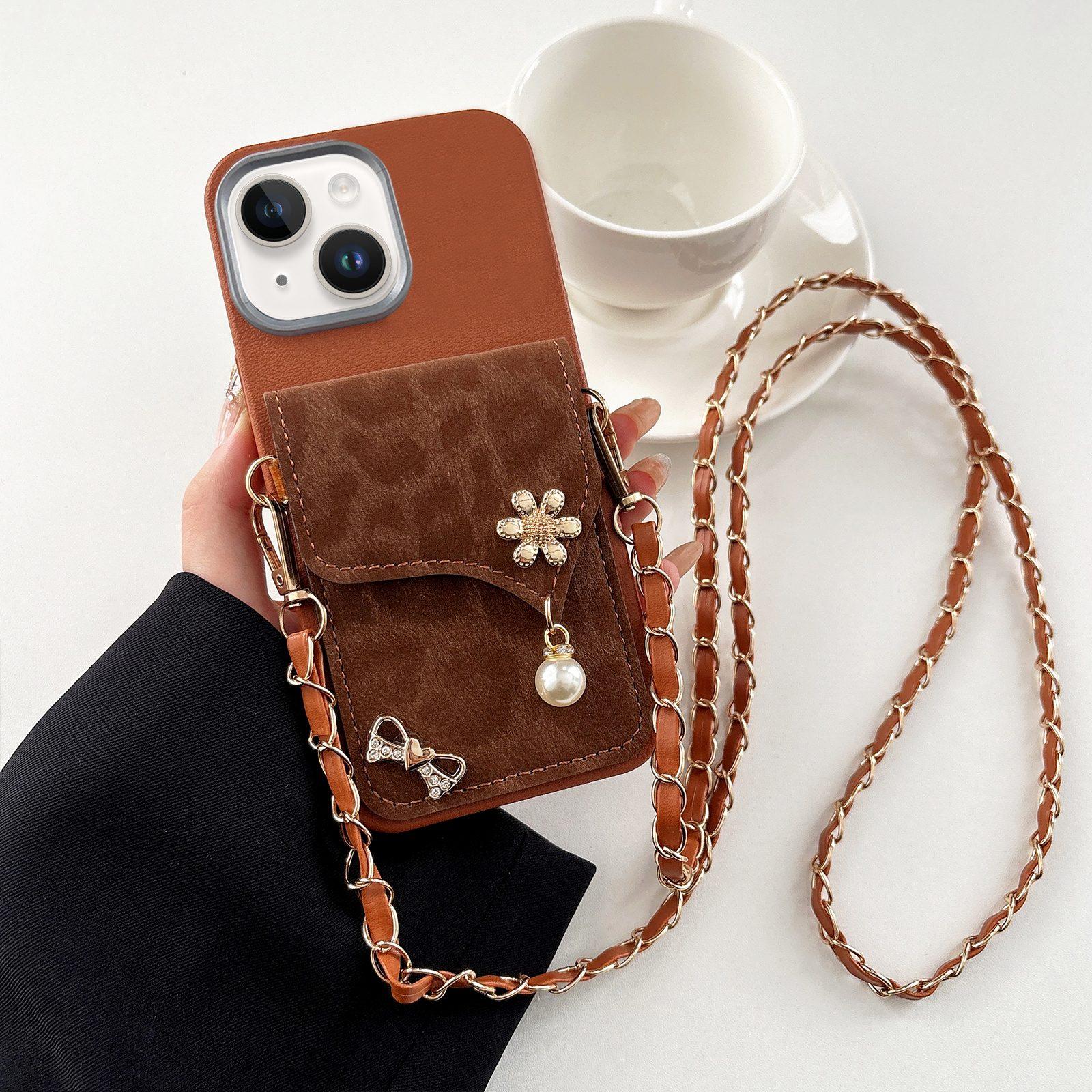 For iPhone 15 Leather Leopard Print Card Bag Phone Case with Crossbody Chain(Brown) - Shopkiz.com